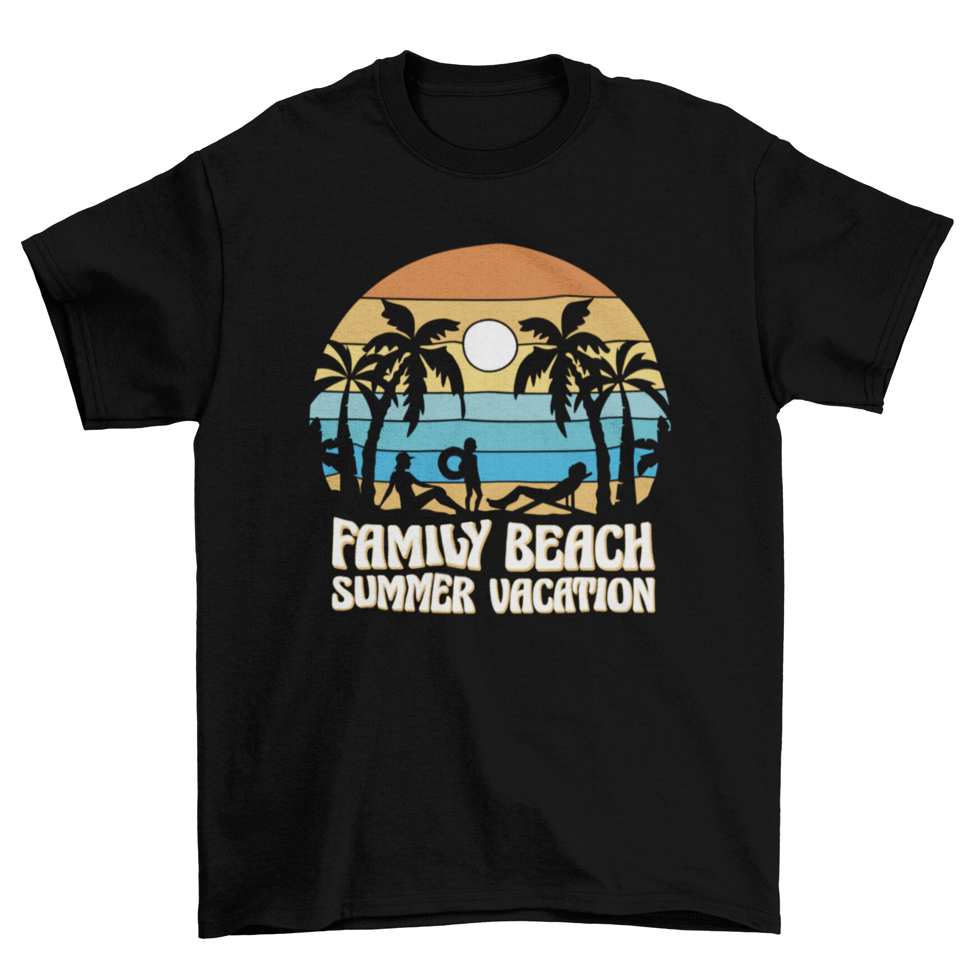 A stylish t-shirt featuring a retro sunset design with beach silhouettes and the quote 'Family beach summer vacation'.