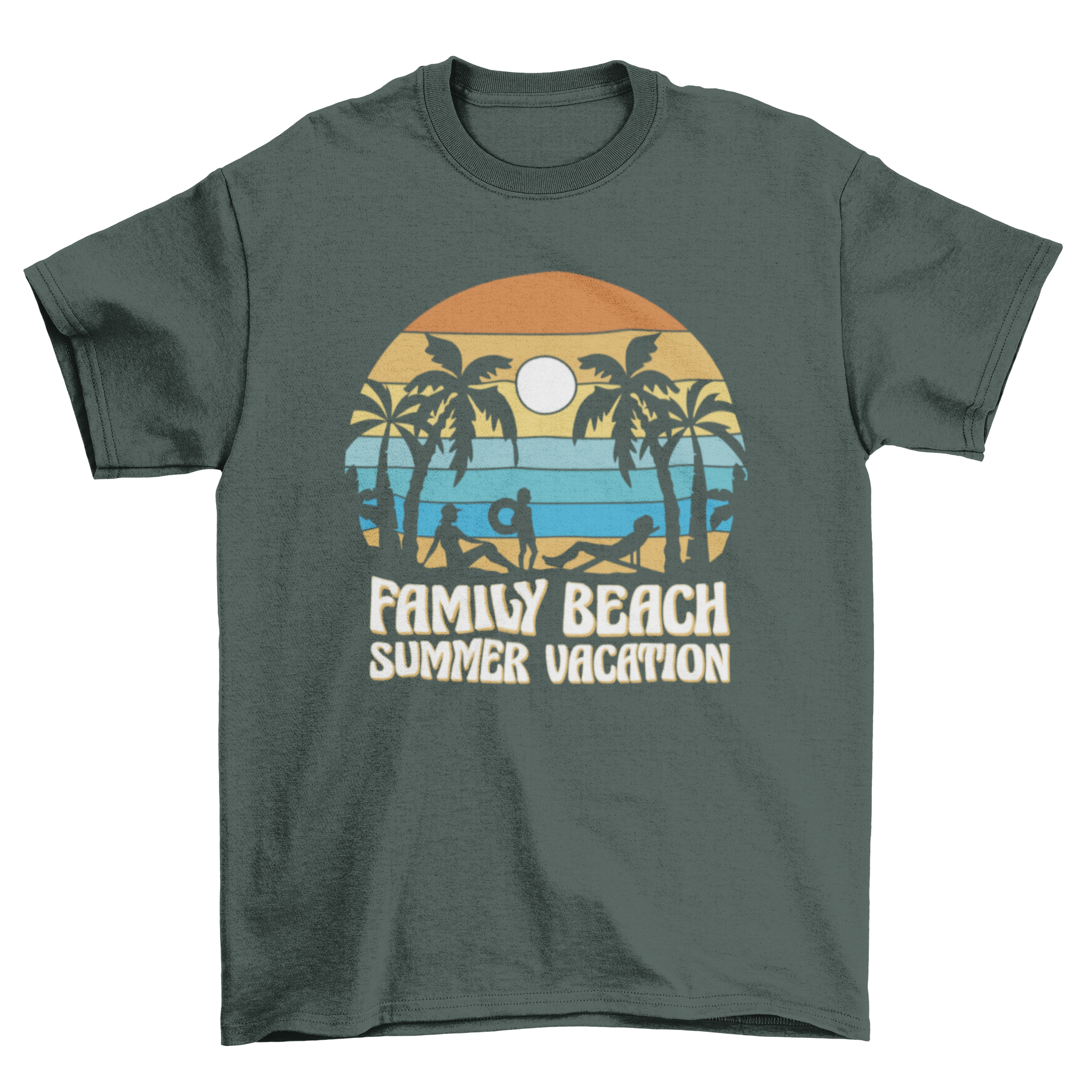 A stylish t-shirt featuring a retro sunset design with beach silhouettes and the quote 'Family beach summer vacation'.