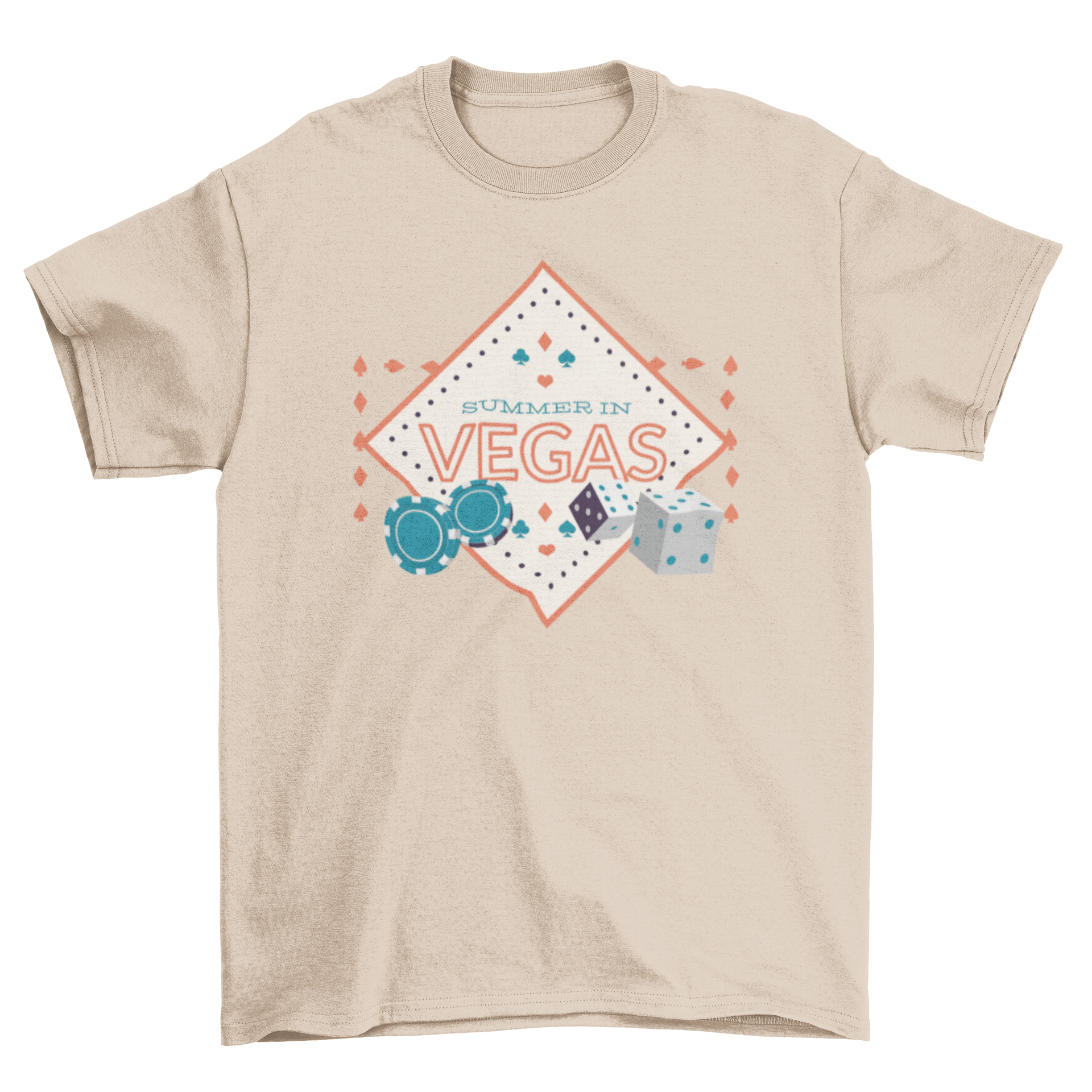 Summer in Vegas t-shirt featuring vibrant design with poker chips and dice.