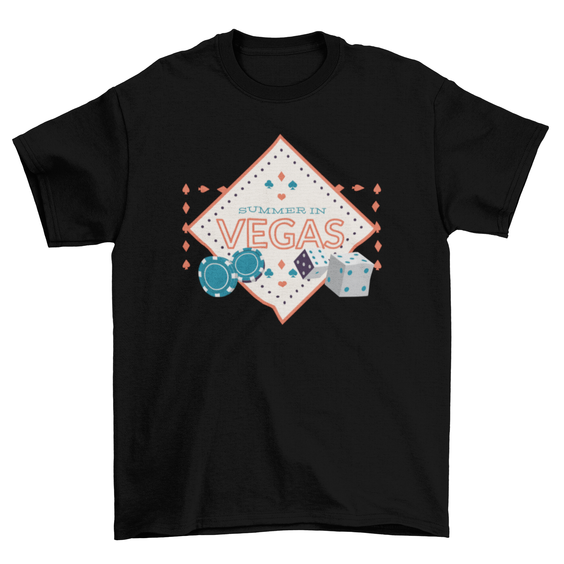 Summer in Vegas t-shirt featuring vibrant design with poker chips and dice.