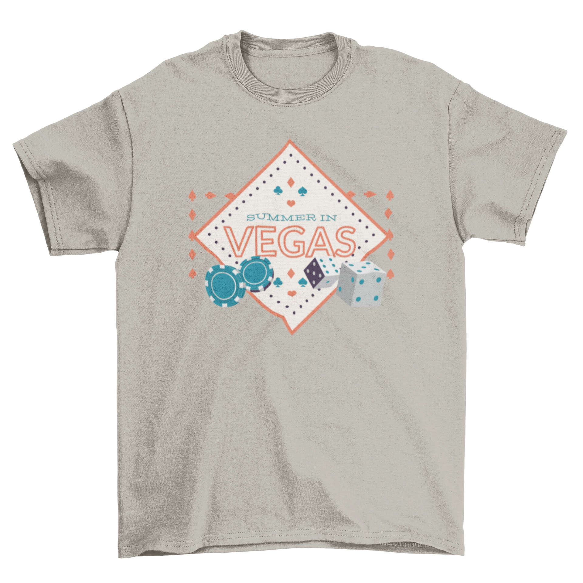 Summer in Vegas t-shirt featuring vibrant design with poker chips and dice.