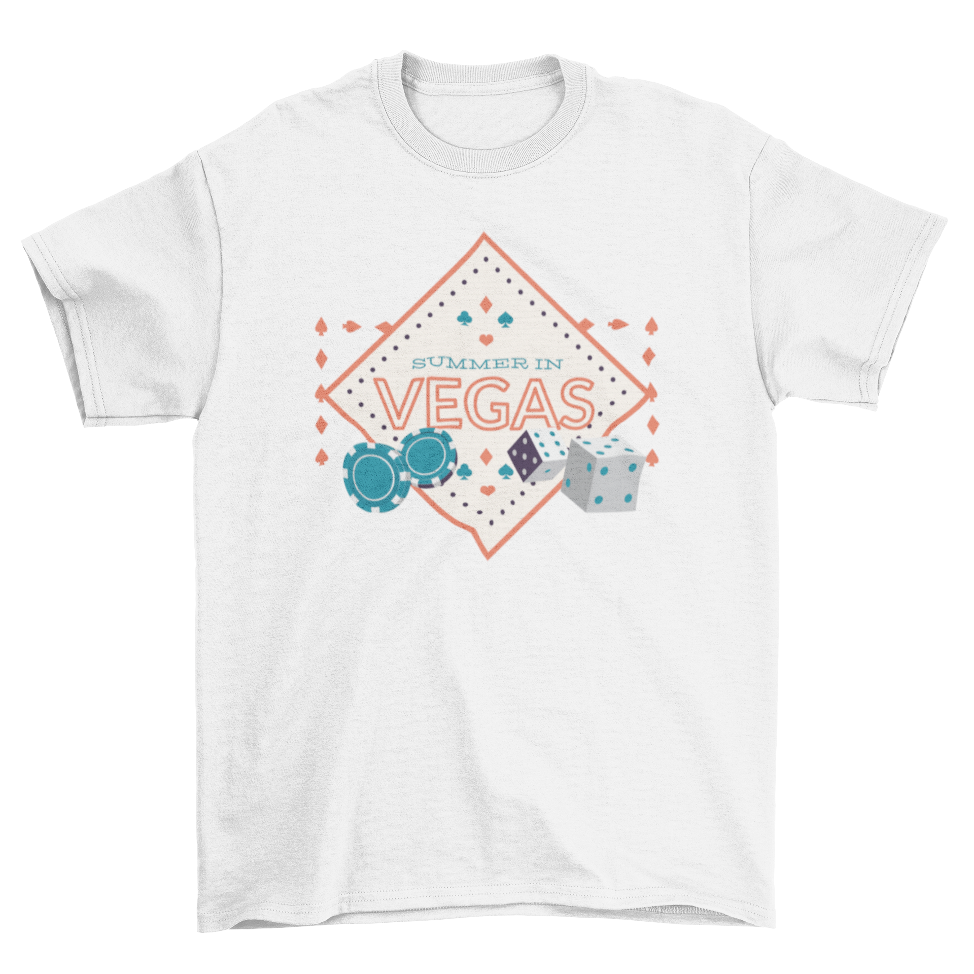 Summer in Vegas t-shirt featuring vibrant design with poker chips and dice.