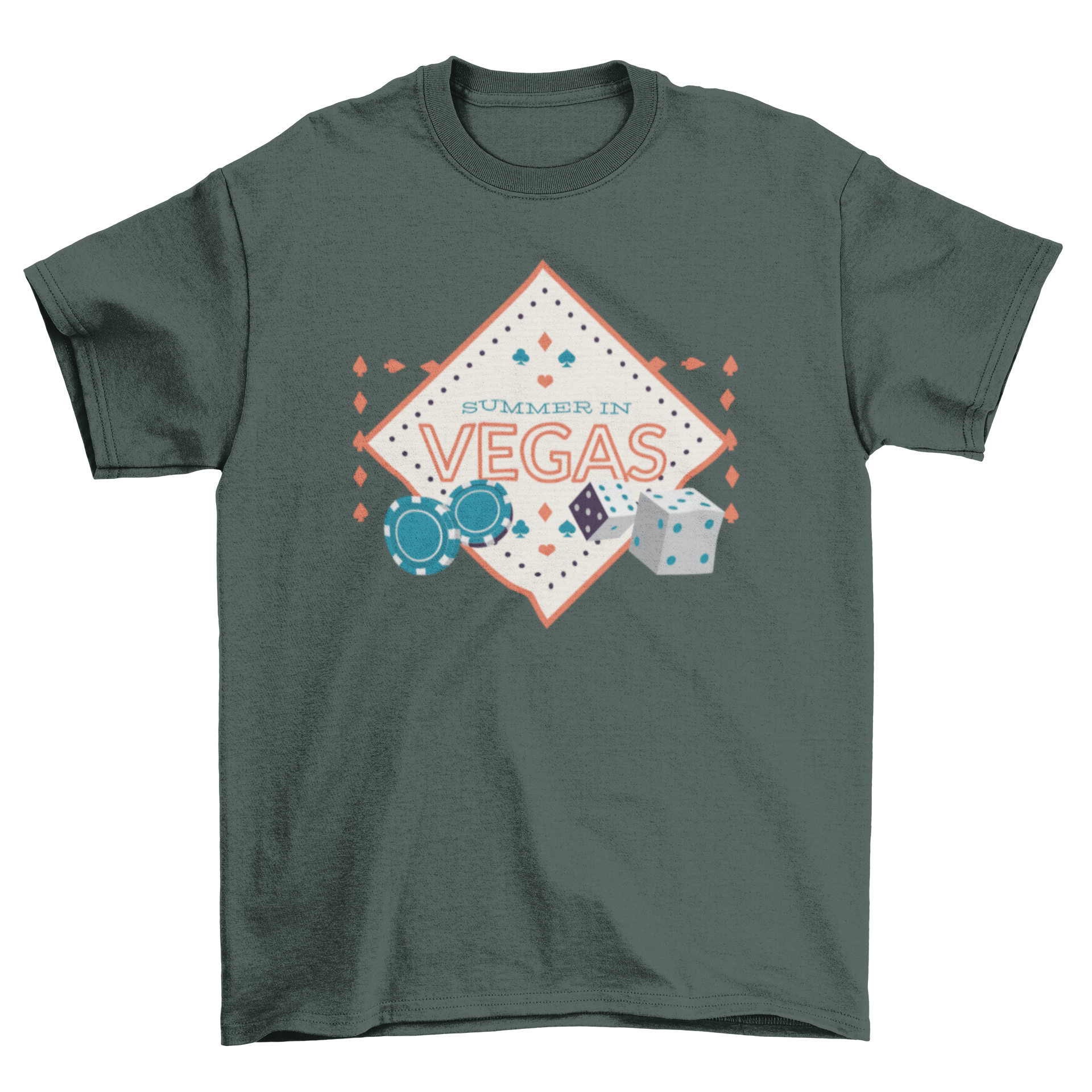 Summer in Vegas t-shirt featuring vibrant design with poker chips and dice.