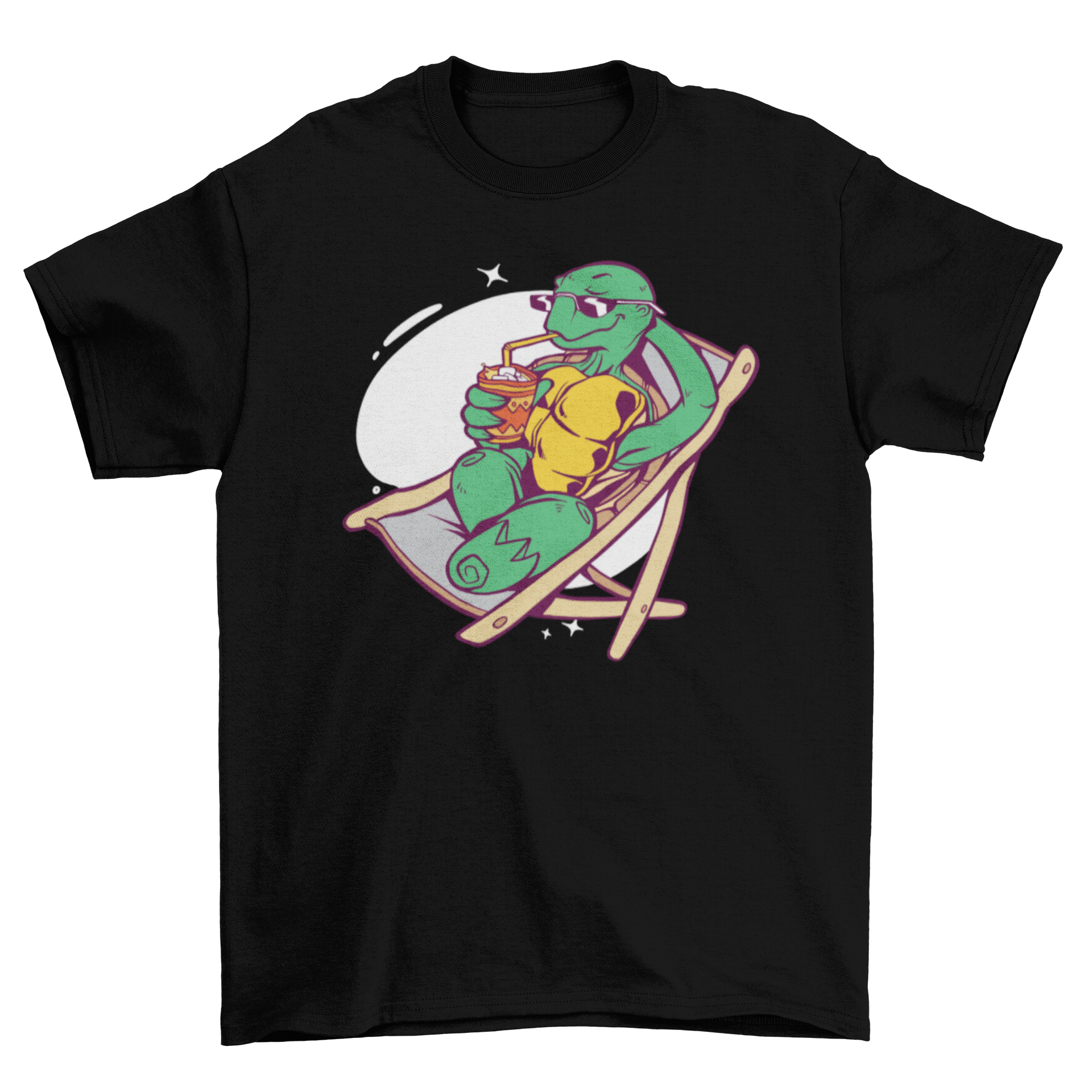 A vibrant summer t-shirt featuring a turtle lounging on a chair, perfect for beach lovers.