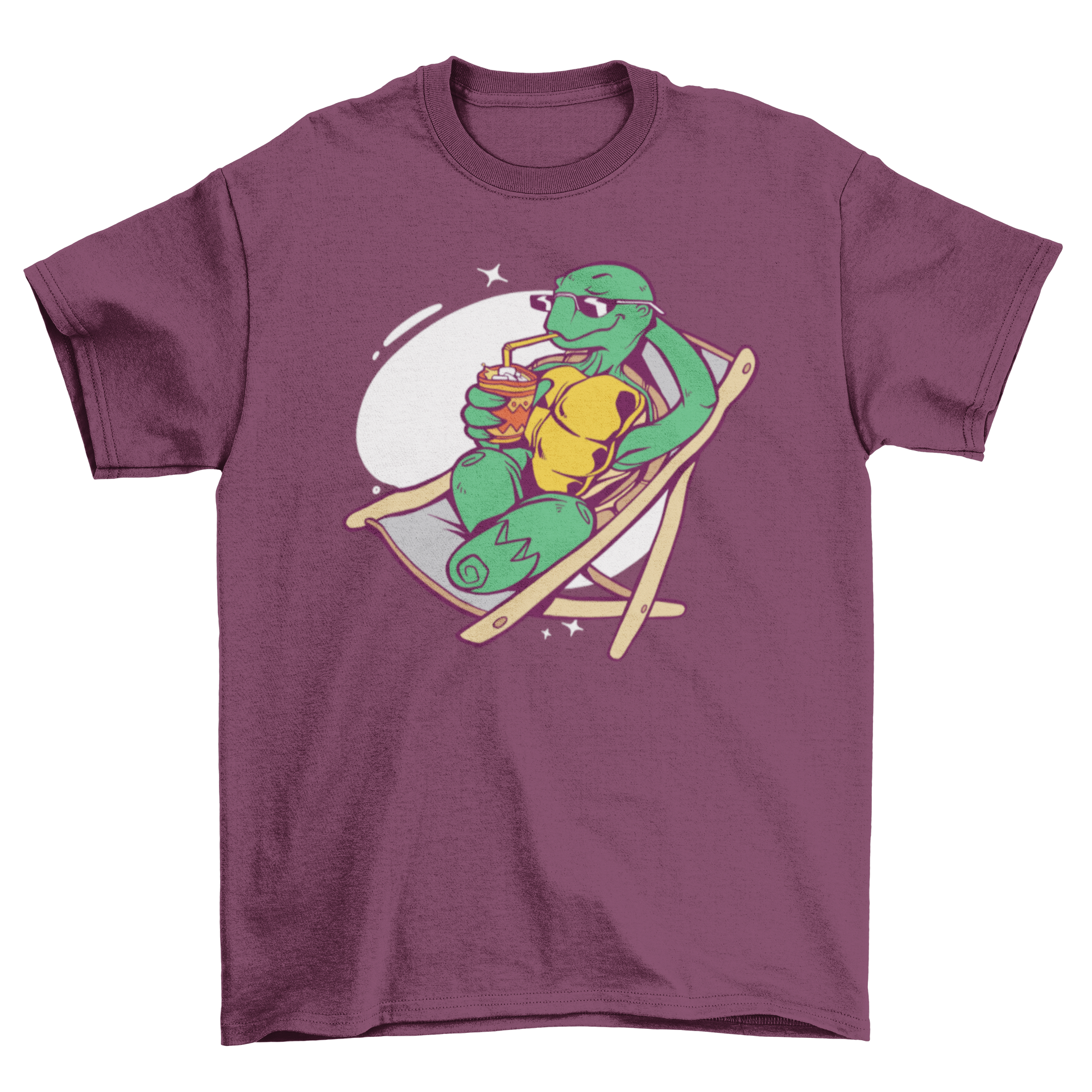 A vibrant summer t-shirt featuring a turtle lounging on a chair, perfect for beach lovers.