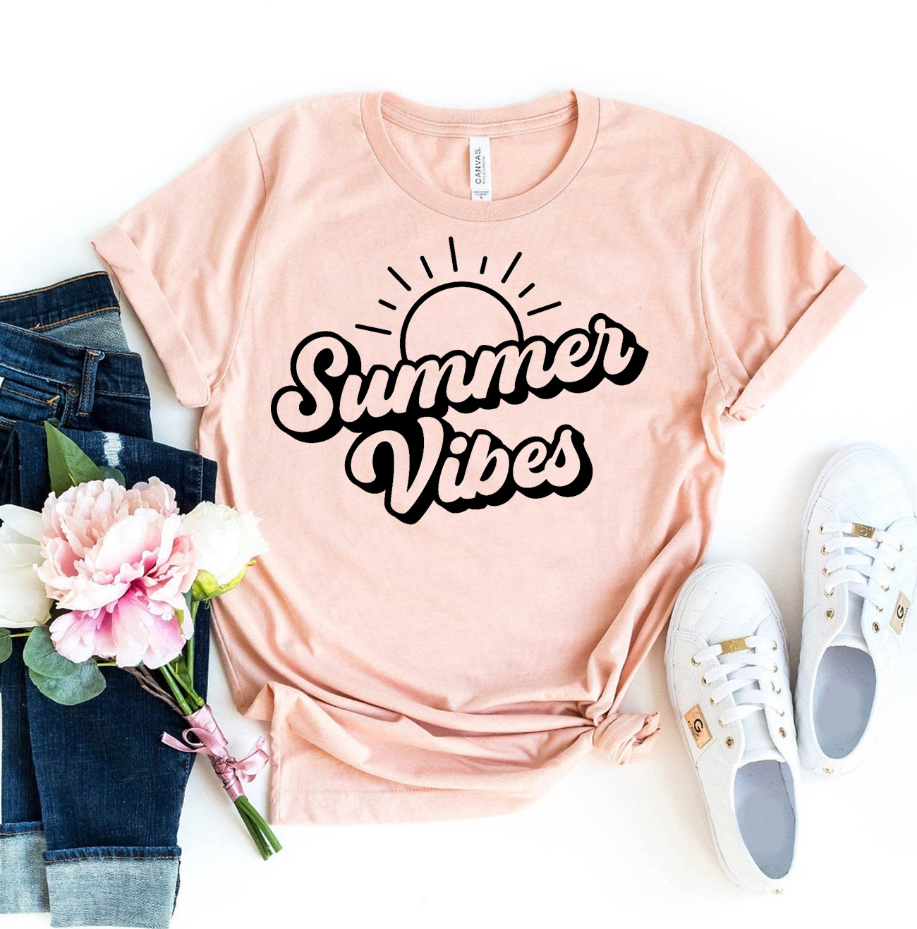 A stylish Summer Vibes T-shirt made from premium ring spun cotton, featuring a vibrant design and available in various sizes.