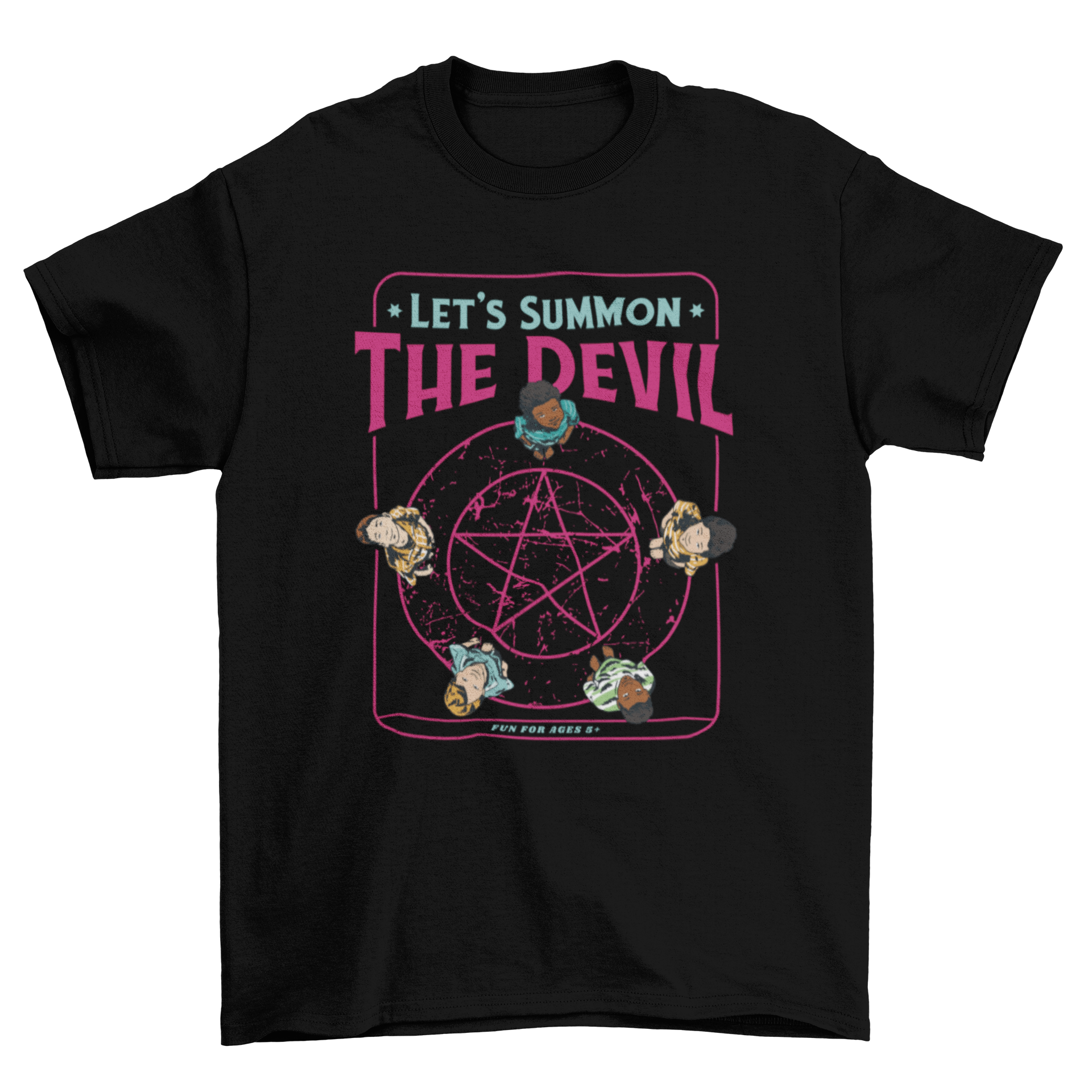 A stylish t-shirt design featuring children standing on a pentagram, showcasing a unique and mystical theme.