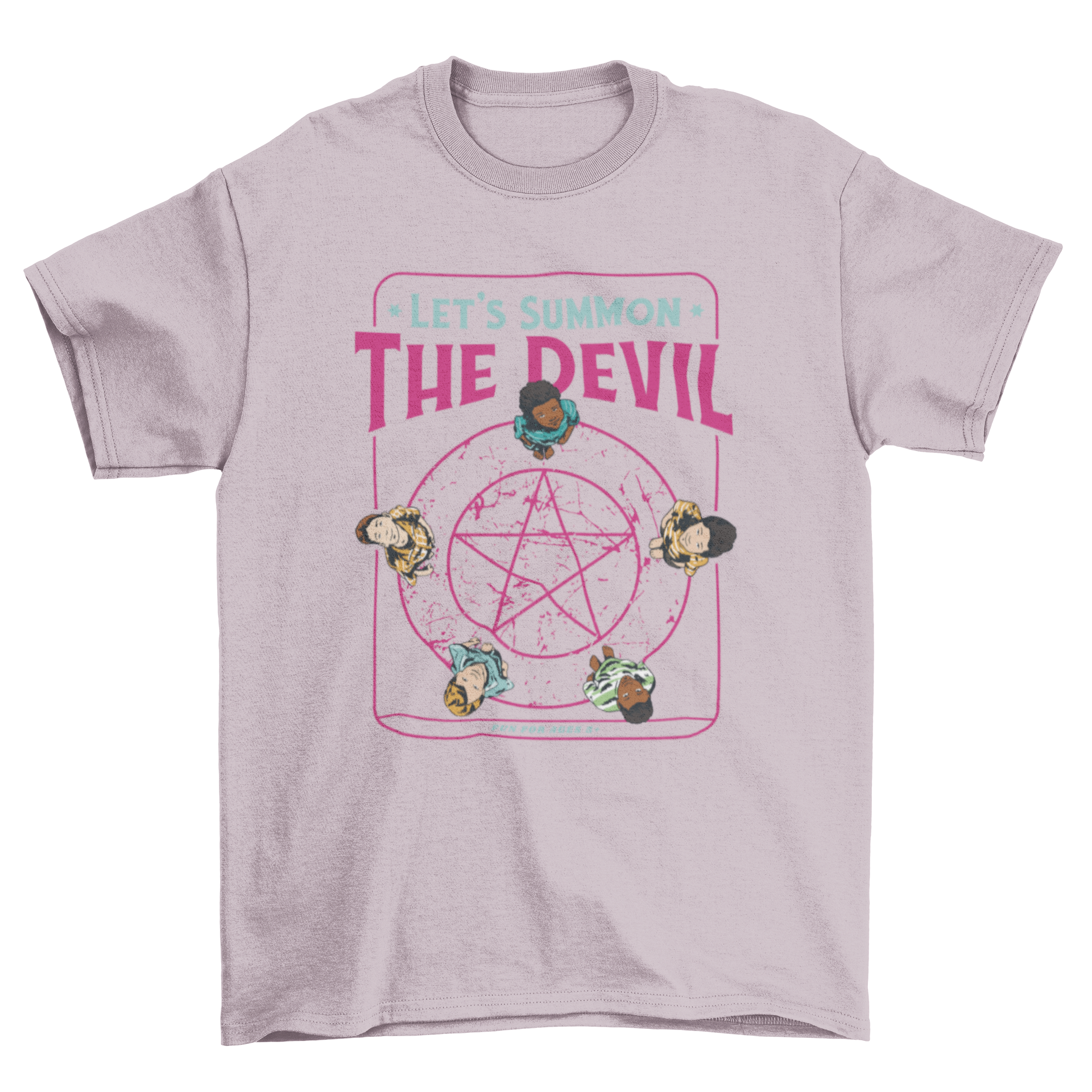 A stylish t-shirt design featuring children standing on a pentagram, showcasing a unique and mystical theme.