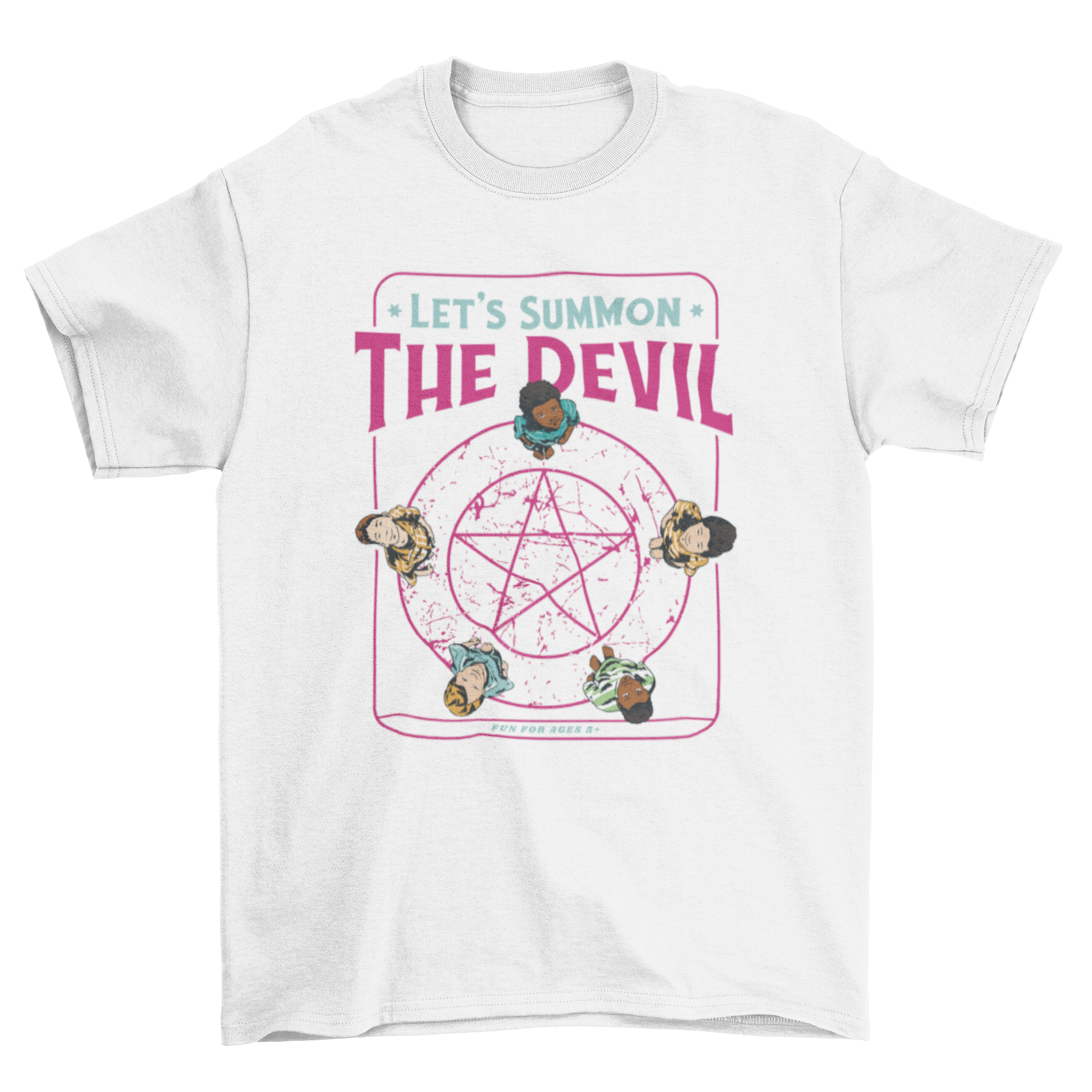 A stylish t-shirt design featuring children standing on a pentagram, showcasing a unique and mystical theme.