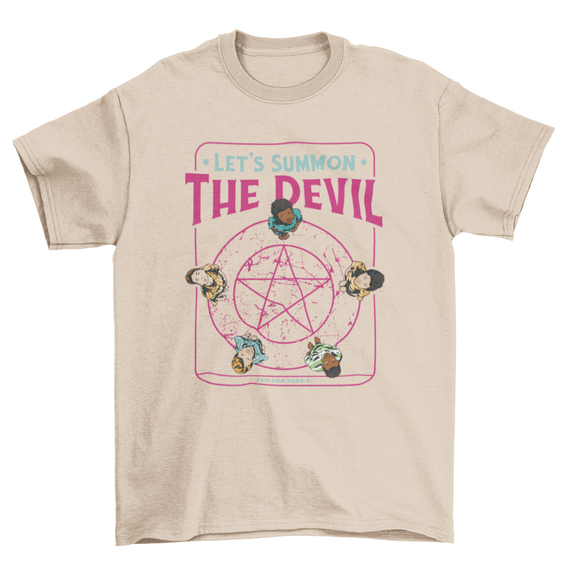 A stylish t-shirt design featuring children standing on a pentagram, showcasing a unique and mystical theme.