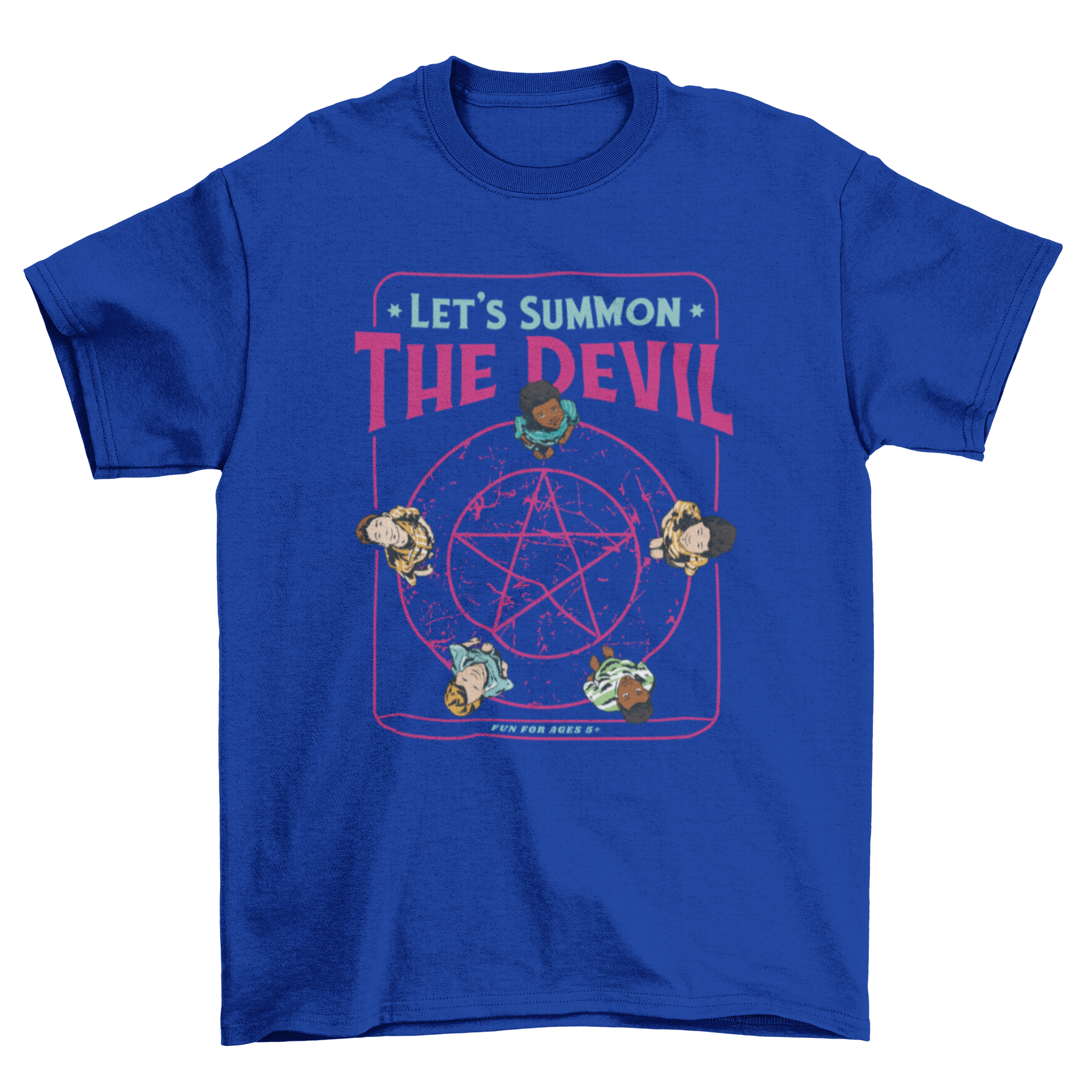 A stylish t-shirt design featuring children standing on a pentagram, showcasing a unique and mystical theme.