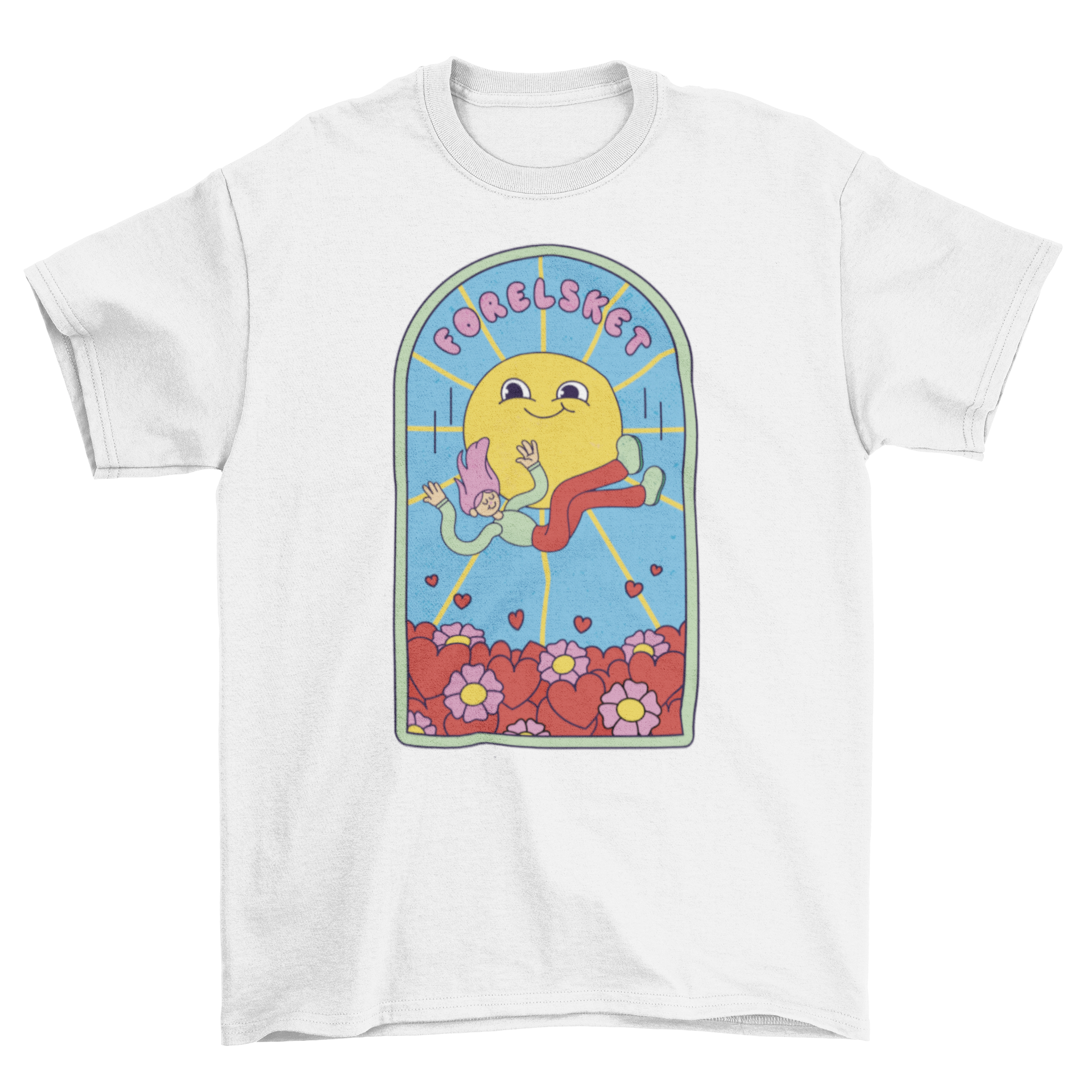 A colorful cartoon t-shirt featuring a happy girl falling into a field of flowers and hearts, perfect for children.