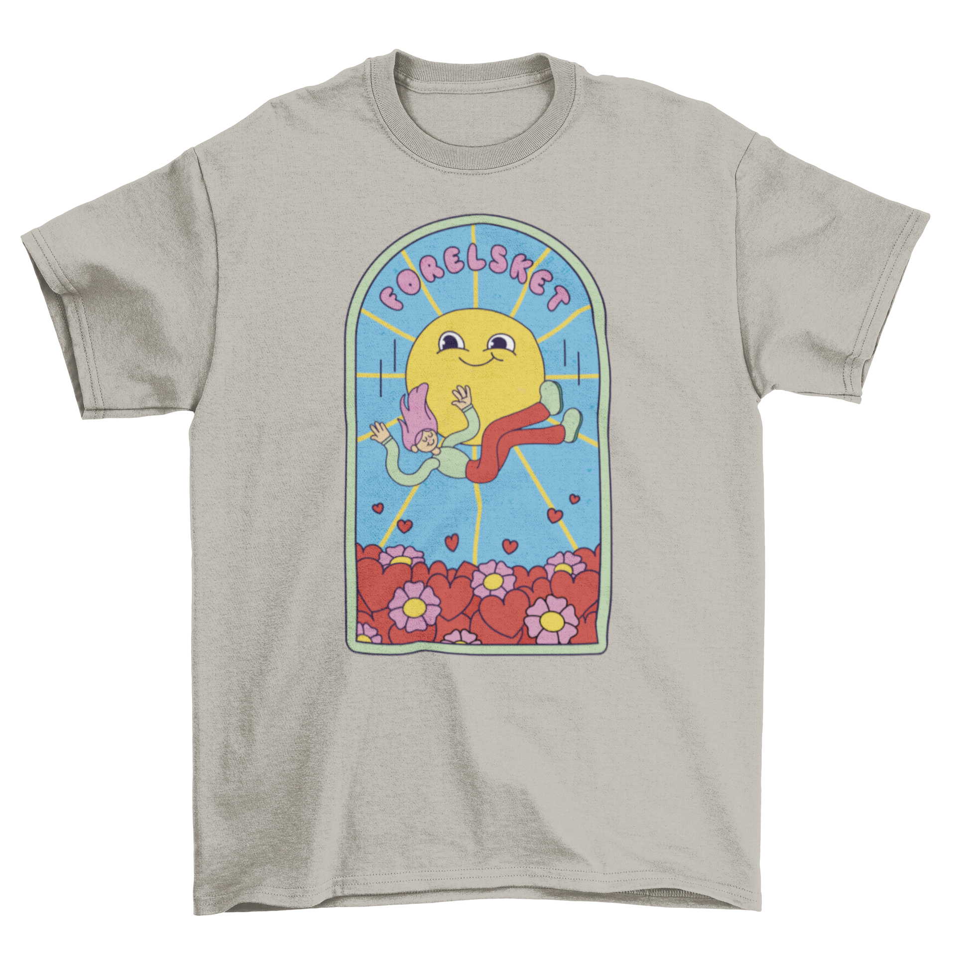 A colorful cartoon t-shirt featuring a happy girl falling into a field of flowers and hearts, perfect for children.