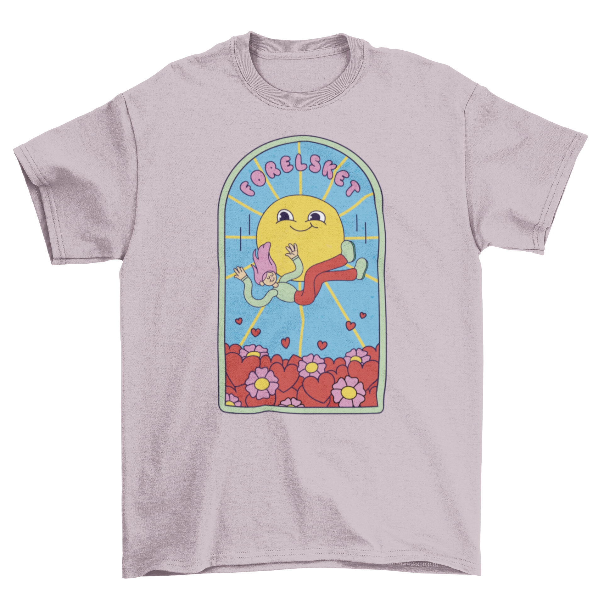 A colorful cartoon t-shirt featuring a happy girl falling into a field of flowers and hearts, perfect for children.