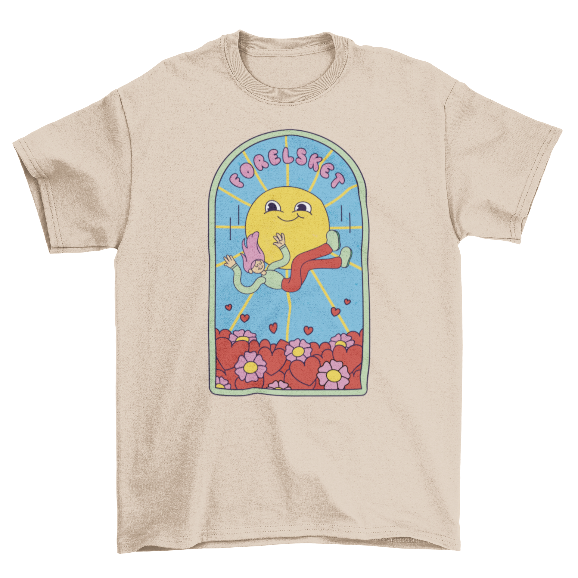 A colorful cartoon t-shirt featuring a happy girl falling into a field of flowers and hearts, perfect for children.