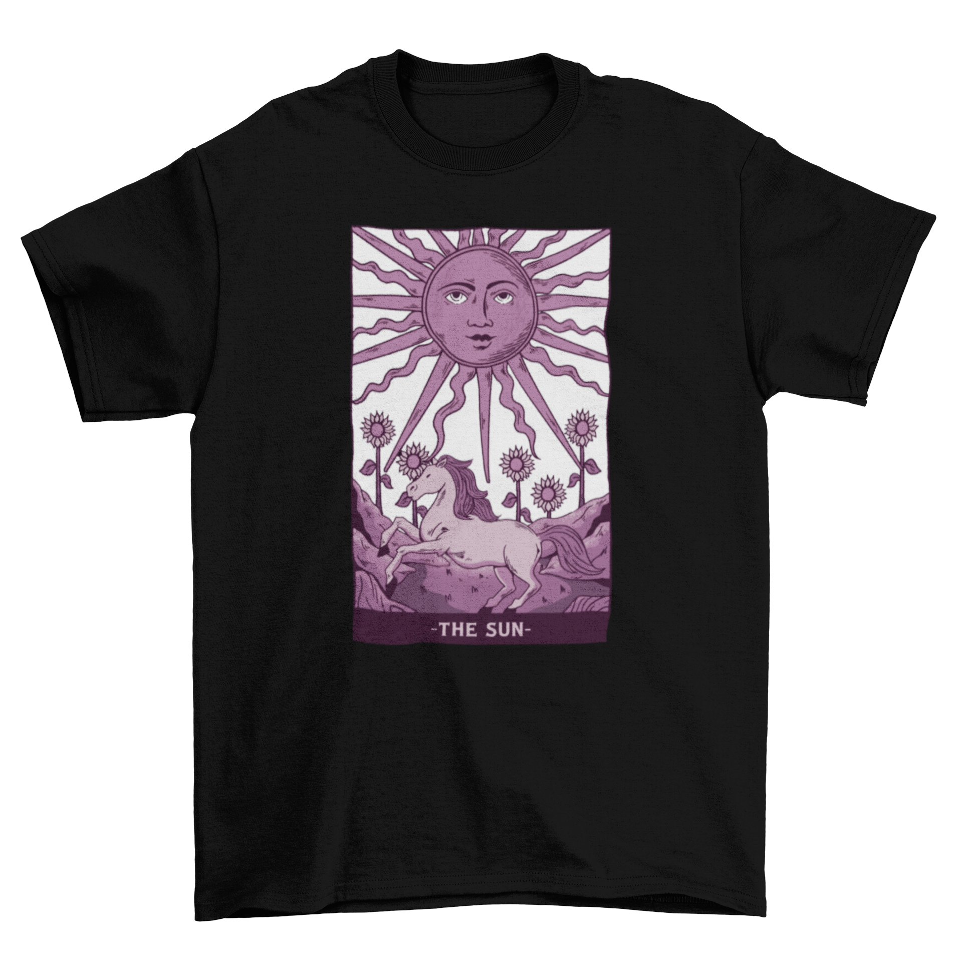 A stylish t-shirt featuring a tarot card design with a sun, horse, and sunflowers in purple hues.