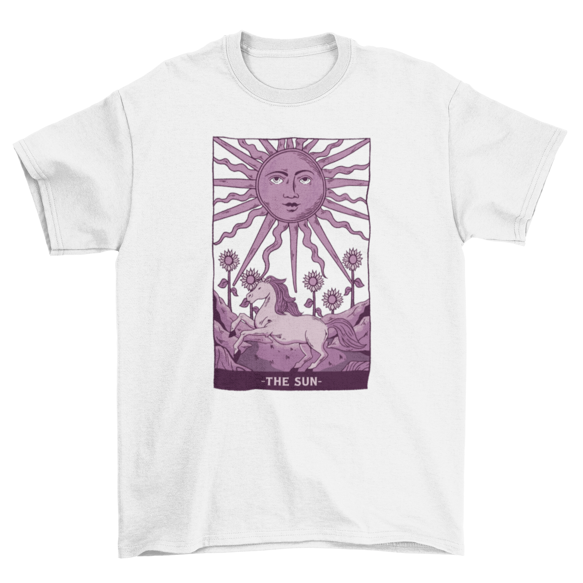 A stylish t-shirt featuring a tarot card design with a sun, horse, and sunflowers in purple hues.