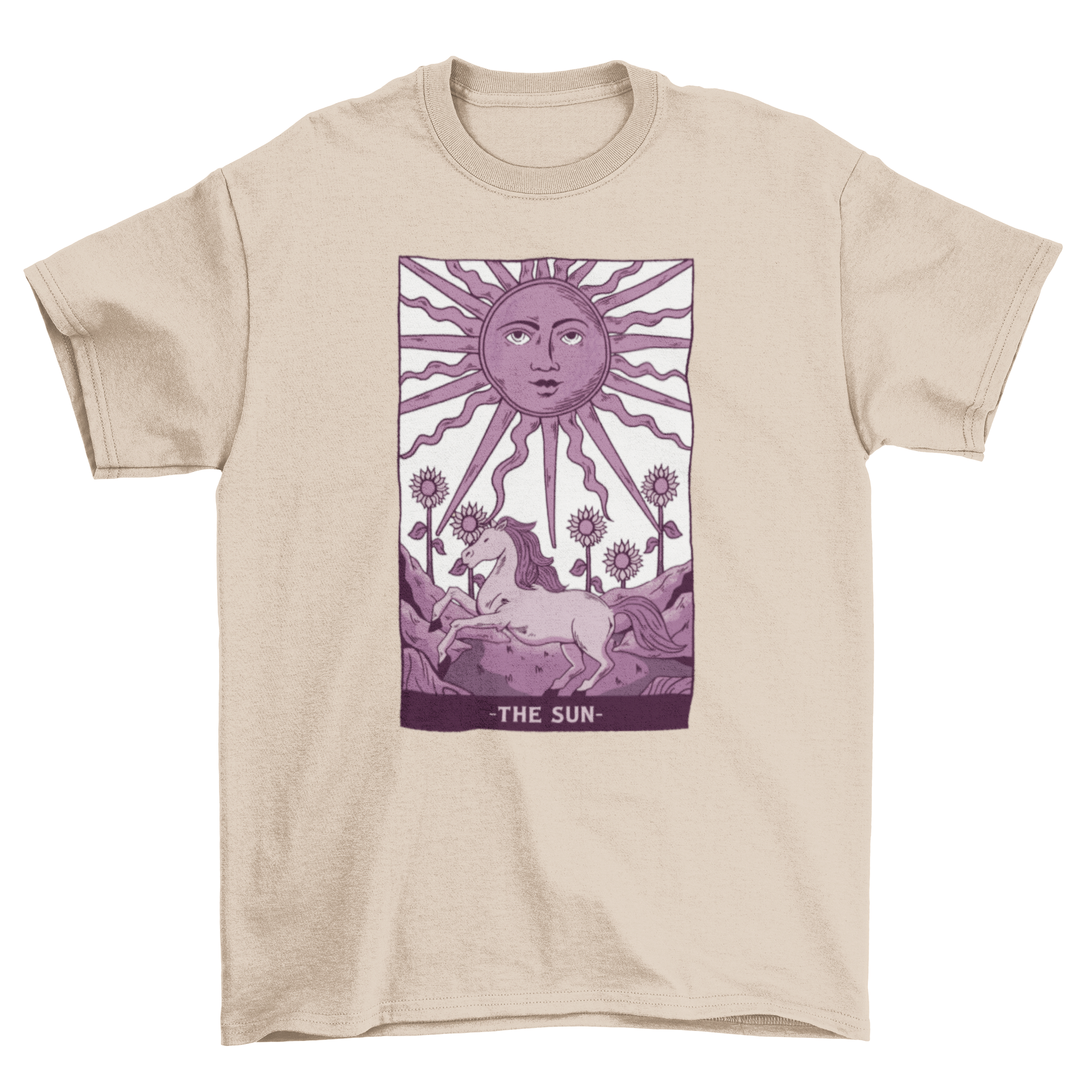 A stylish t-shirt featuring a tarot card design with a sun, horse, and sunflowers in purple hues.