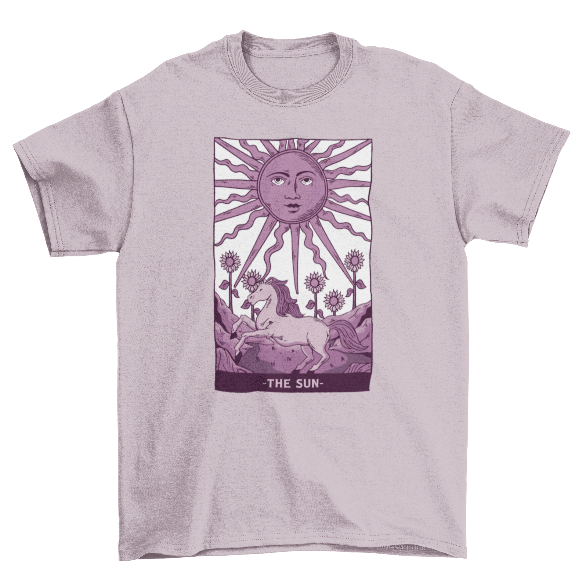 A stylish t-shirt featuring a tarot card design with a sun, horse, and sunflowers in purple hues.