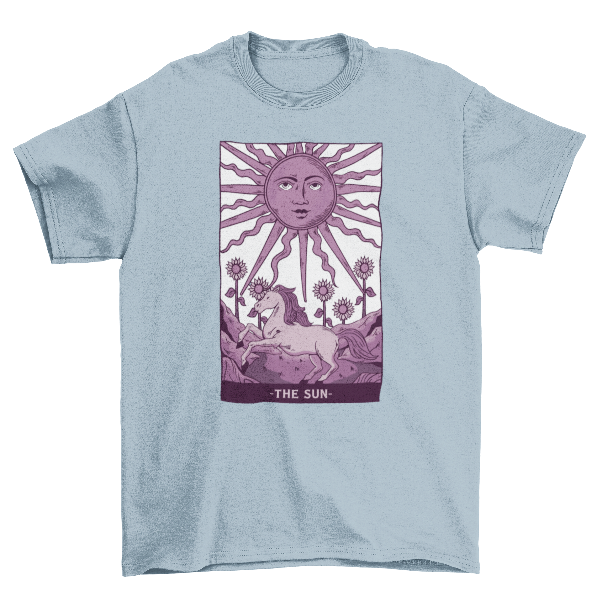 A stylish t-shirt featuring a tarot card design with a sun, horse, and sunflowers in purple hues.