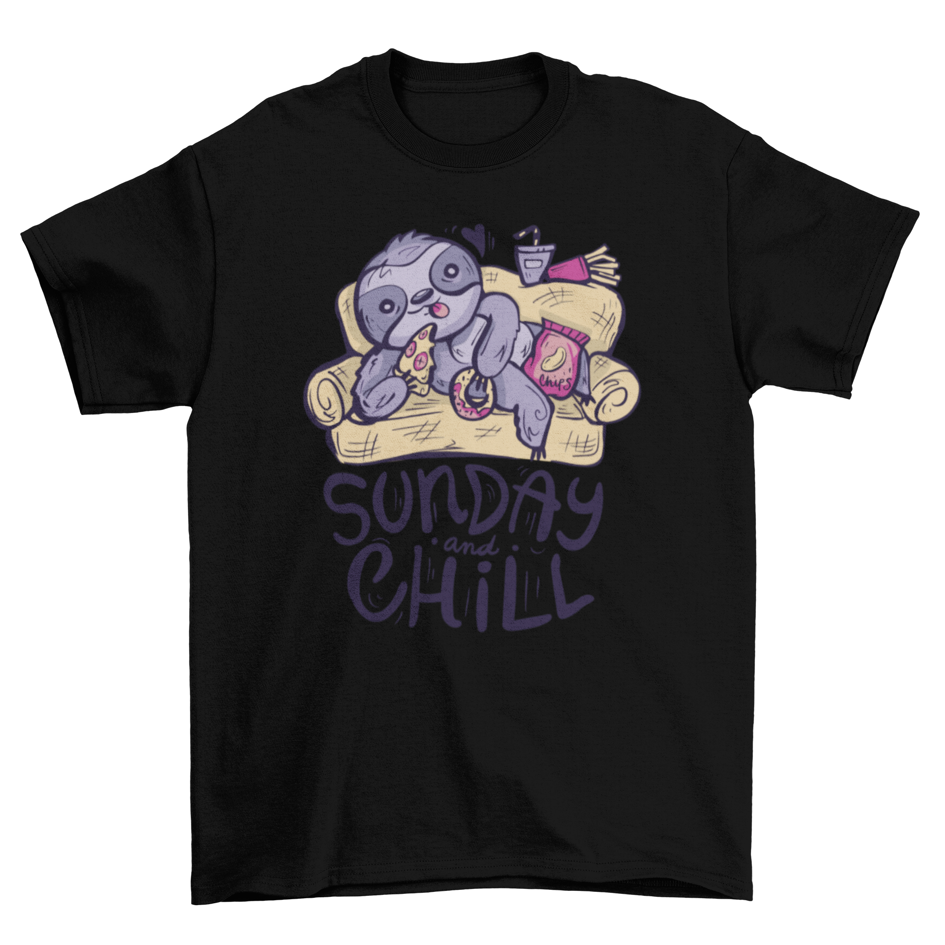 A cozy sloth lounging on a couch with the quote 'Sunday and chill' on a t-shirt.