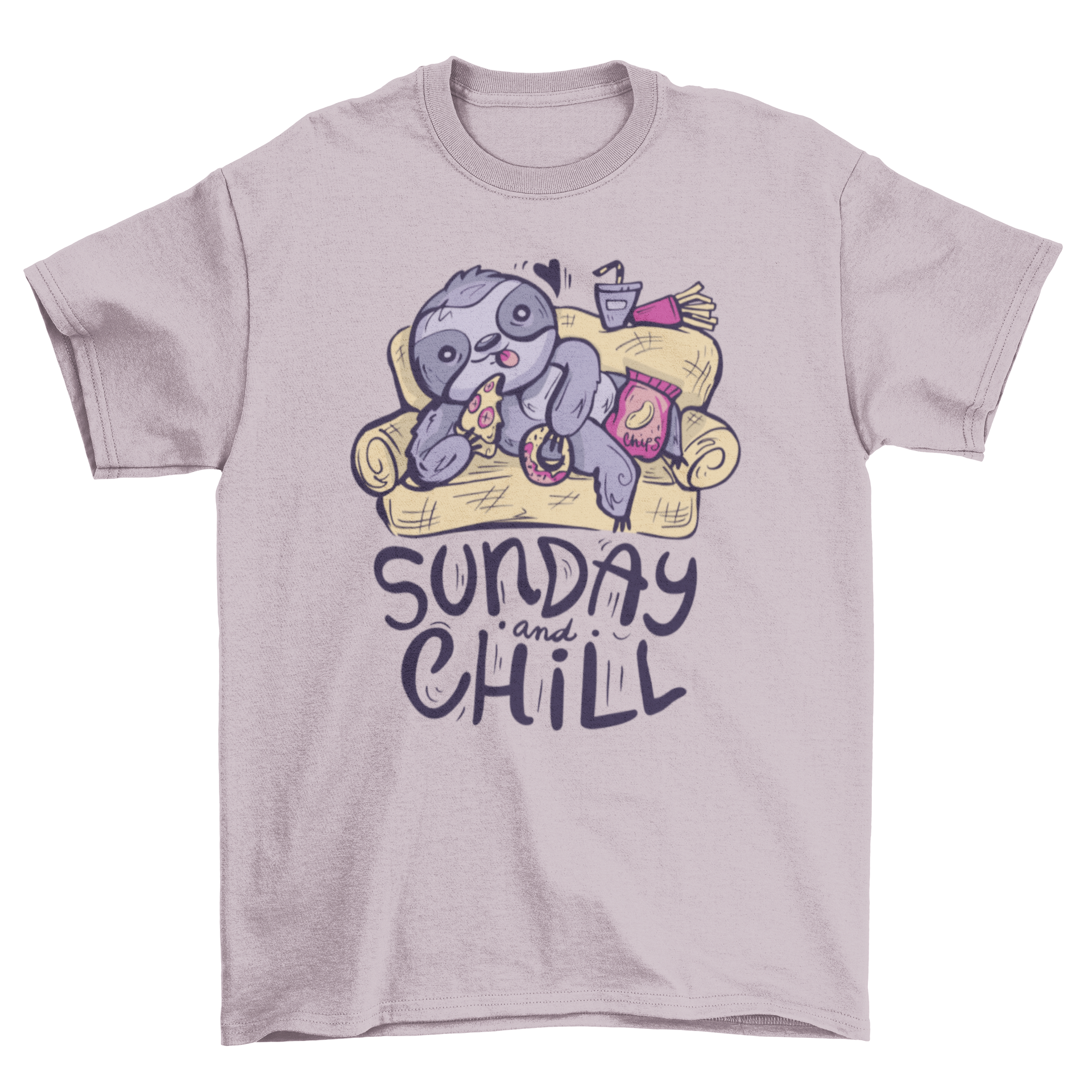 A cozy sloth lounging on a couch with the quote 'Sunday and chill' on a t-shirt.