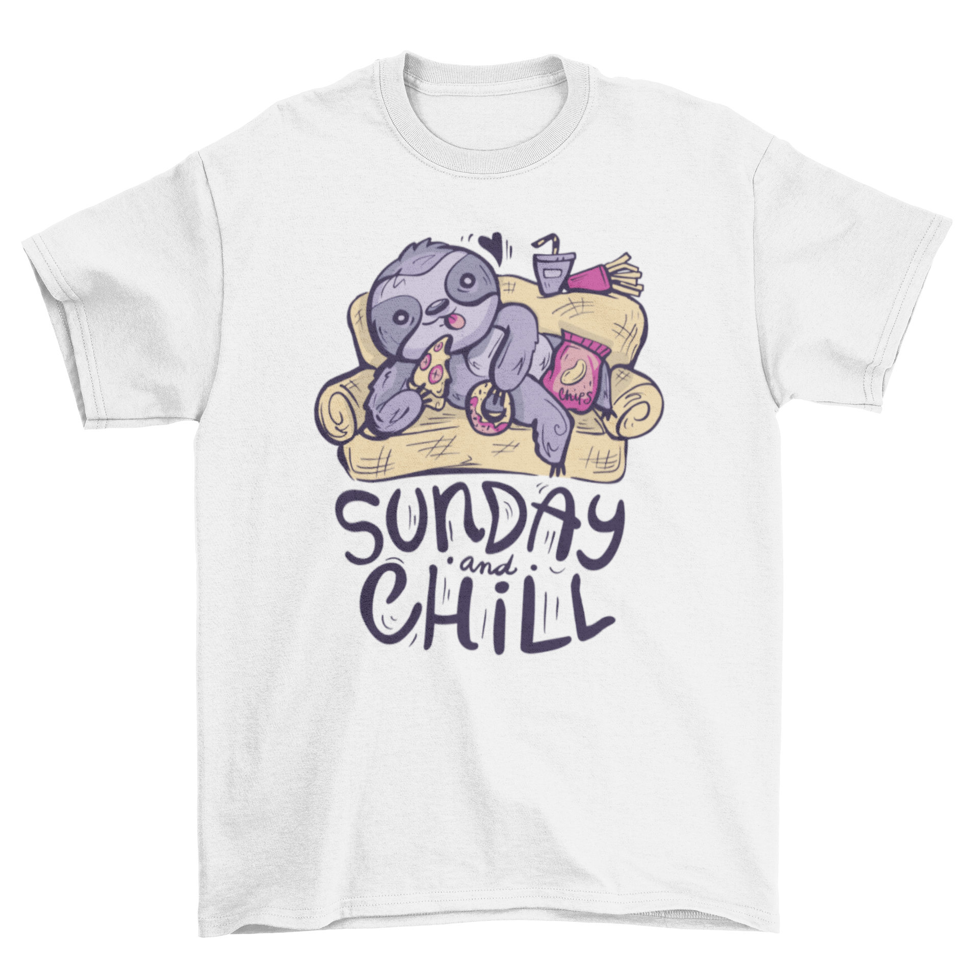 A cozy sloth lounging on a couch with the quote 'Sunday and chill' on a t-shirt.