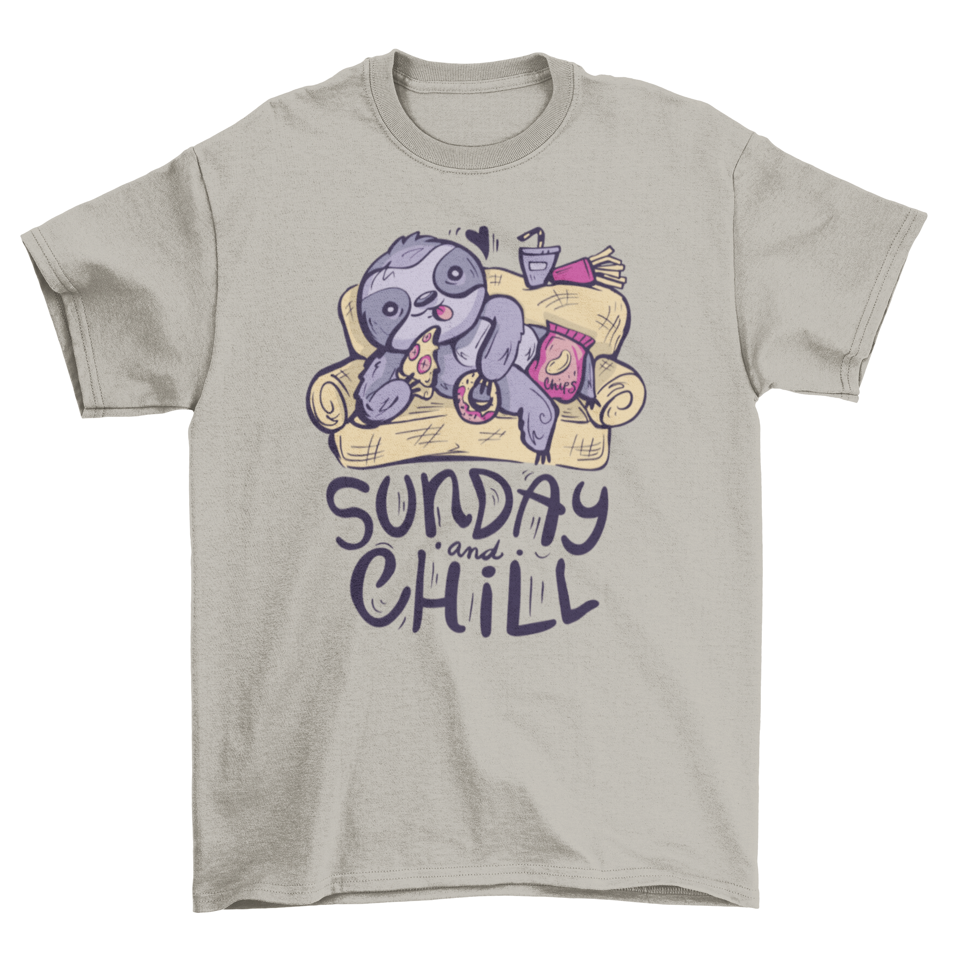 A cozy sloth lounging on a couch with the quote 'Sunday and chill' on a t-shirt.