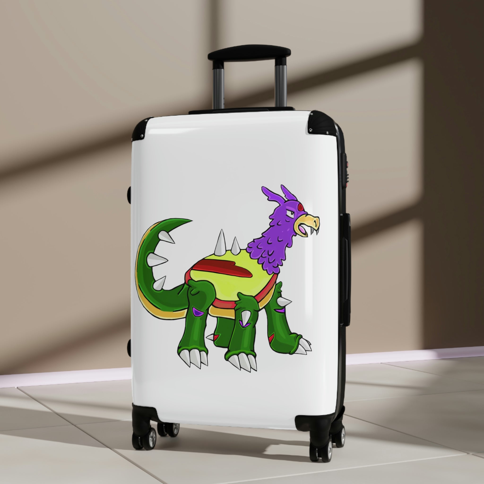 Sunecoon Cabin Suitcase with personalized design, showcasing its durable polycarbonate shell and adjustable handle.