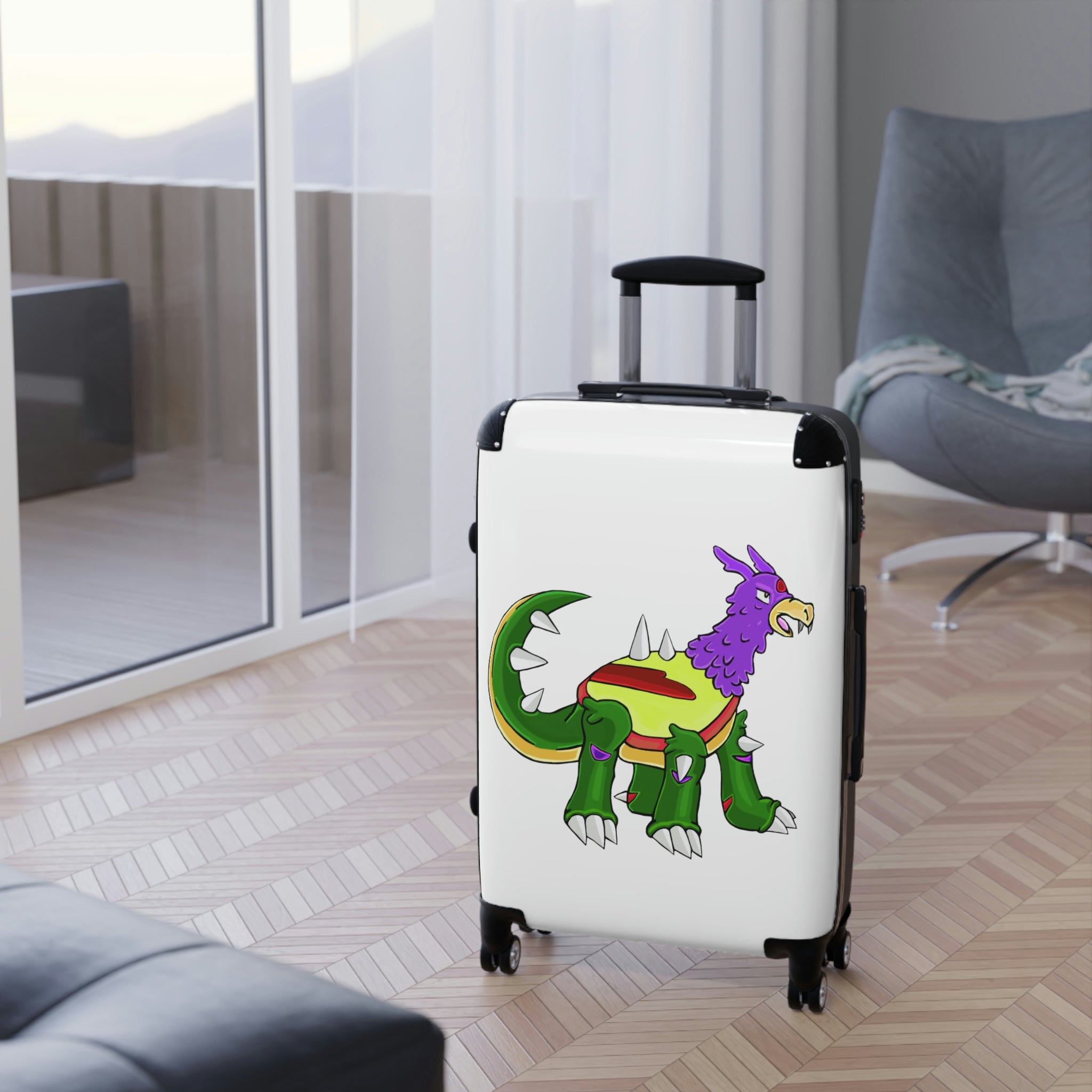 Sunecoon Cabin Suitcase with personalized design, showcasing its durable polycarbonate shell and adjustable handle.