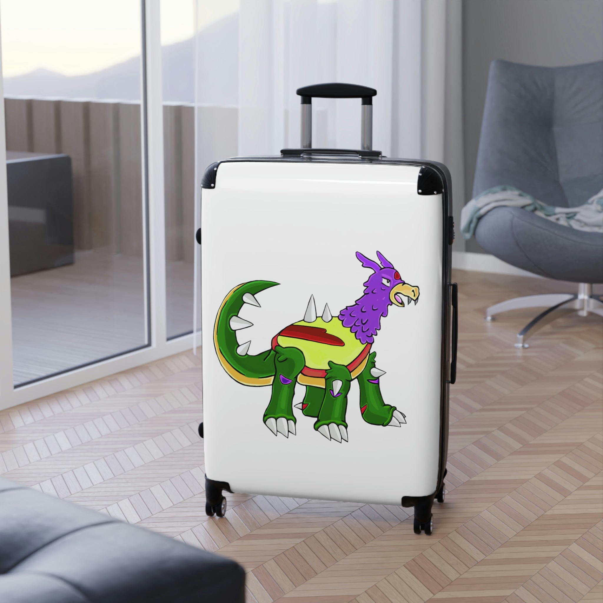 Sunecoon Cabin Suitcase with personalized design, showcasing its durable polycarbonate shell and adjustable handle.