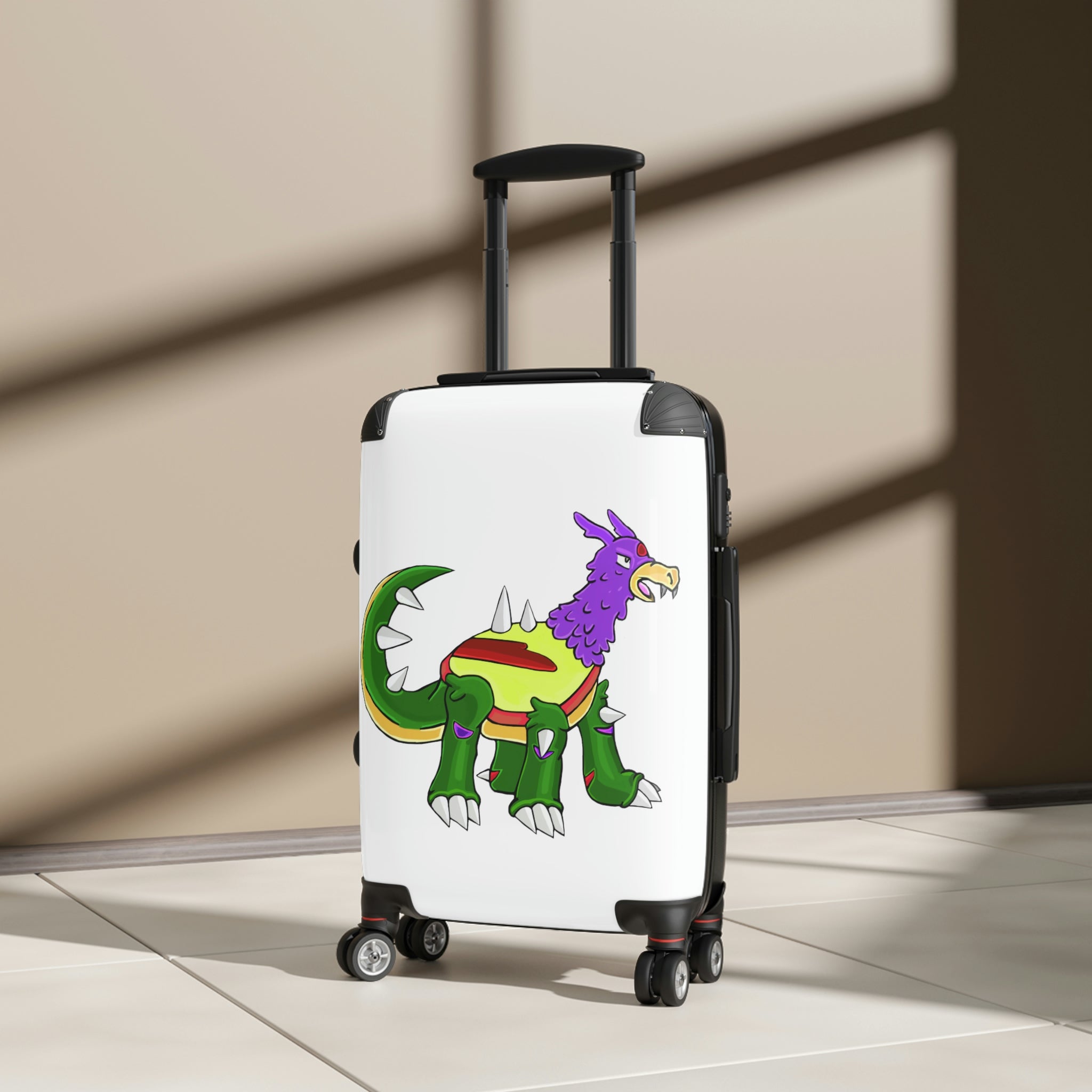 Sunecoon Cabin Suitcase with personalized design, showcasing its durable polycarbonate shell and adjustable handle.