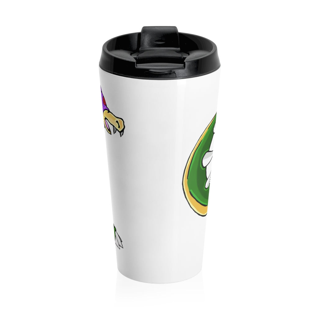 Sunecoon Stainless Steel Travel Mug with black lid, showcasing its sleek design and 15oz capacity.