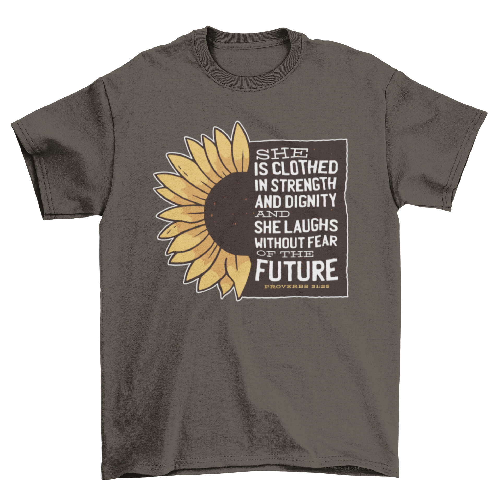 A vibrant sunflower design on a t-shirt with an inspirational quote, showcasing positivity and style.