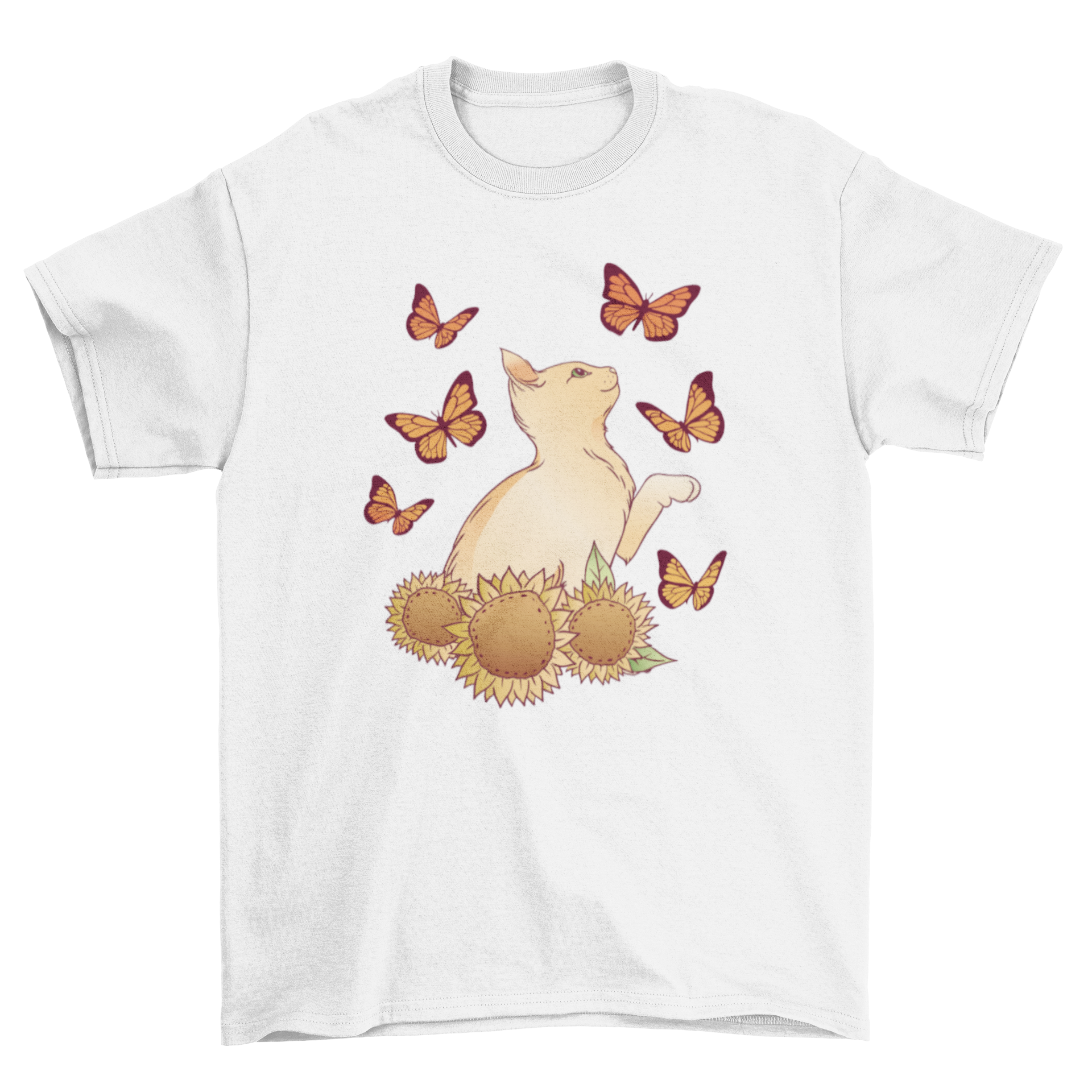 A vibrant t-shirt featuring a playful cat with butterflies and sunflowers, perfect for cat lovers.