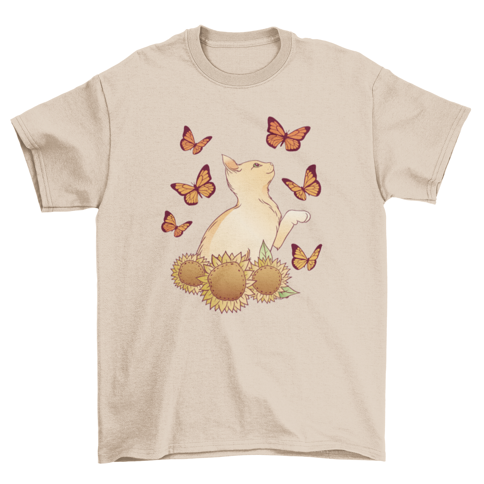 A vibrant t-shirt featuring a playful cat with butterflies and sunflowers, perfect for cat lovers.