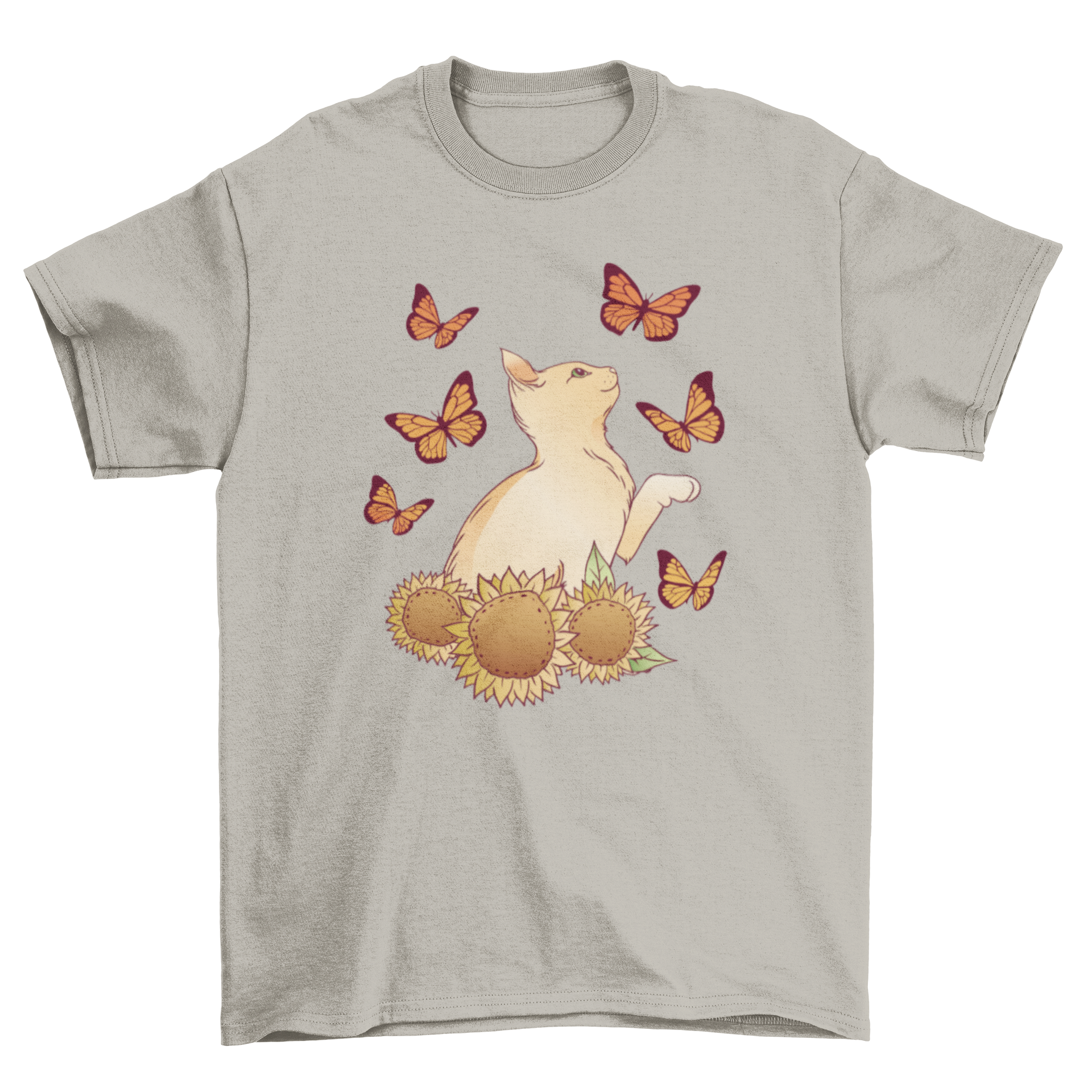 A vibrant t-shirt featuring a playful cat with butterflies and sunflowers, perfect for cat lovers.