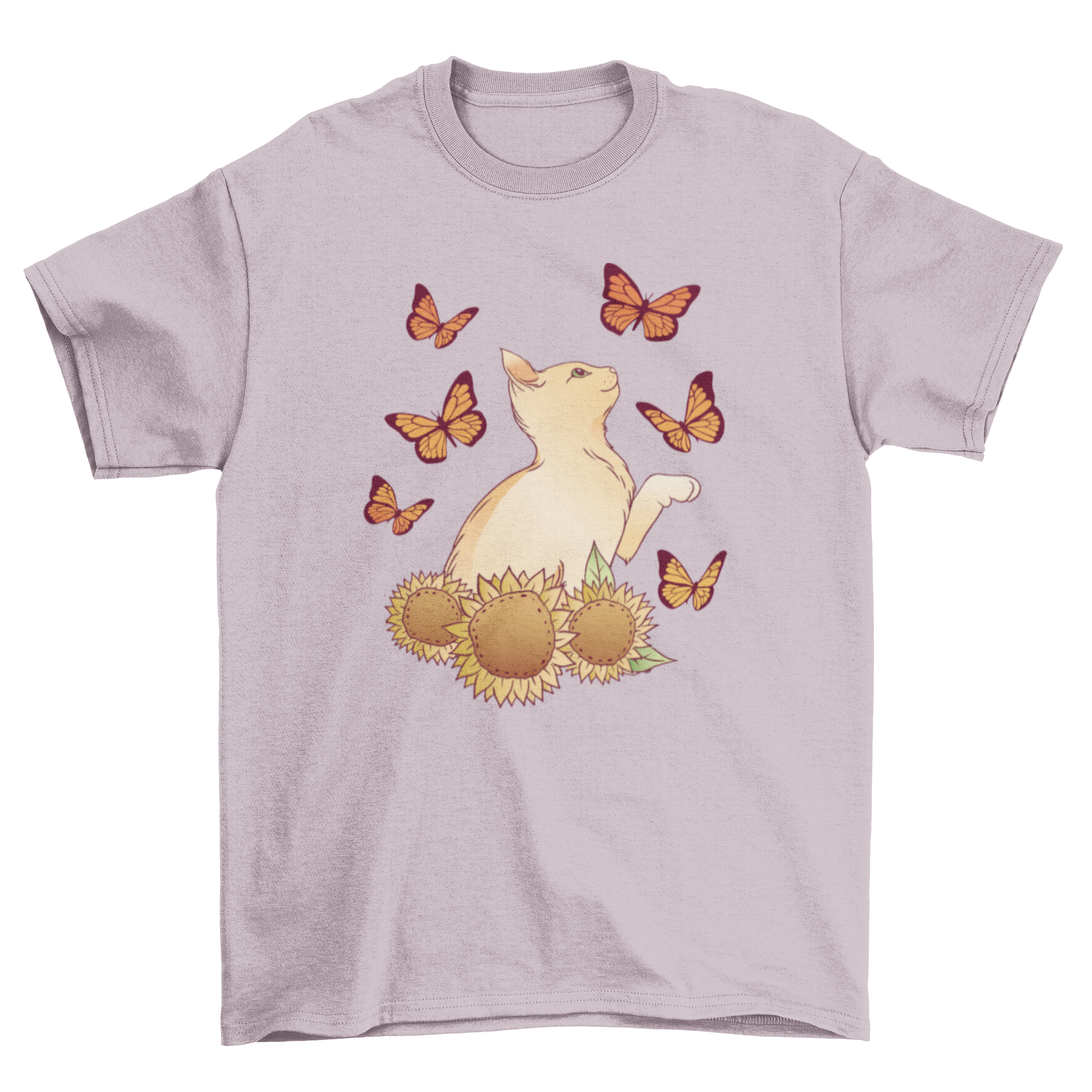 A vibrant t-shirt featuring a playful cat with butterflies and sunflowers, perfect for cat lovers.