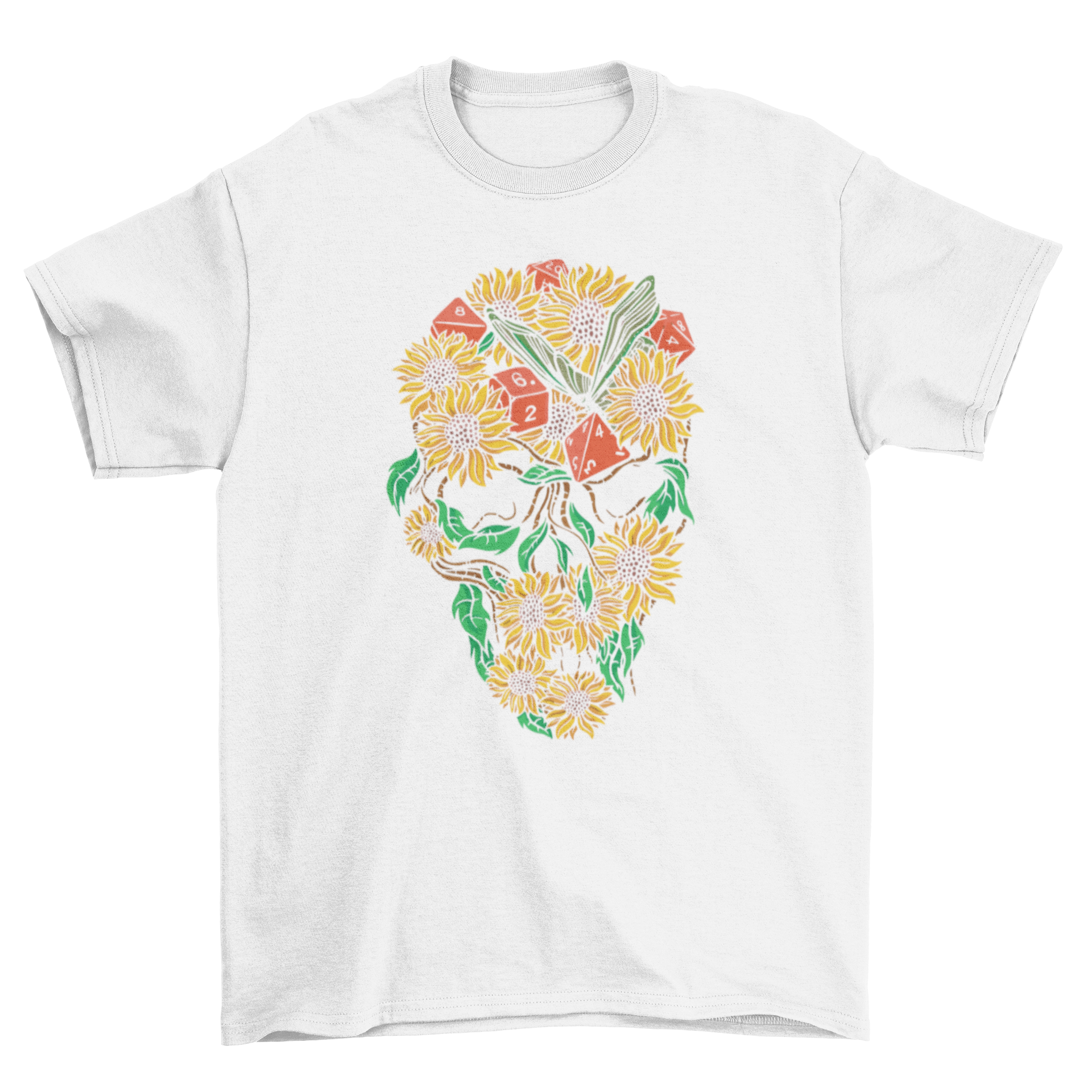 A stylish t-shirt featuring a skull made of sunflowers, butterflies, and RPG dice, perfect for gamers.