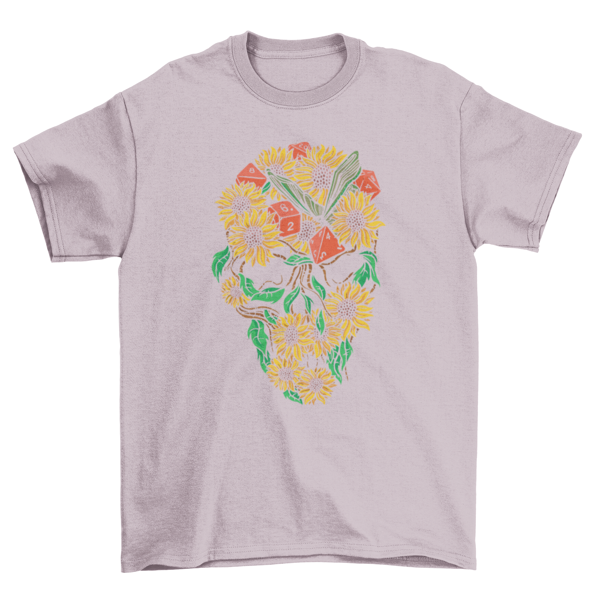 A stylish t-shirt featuring a skull made of sunflowers, butterflies, and RPG dice, perfect for gamers.