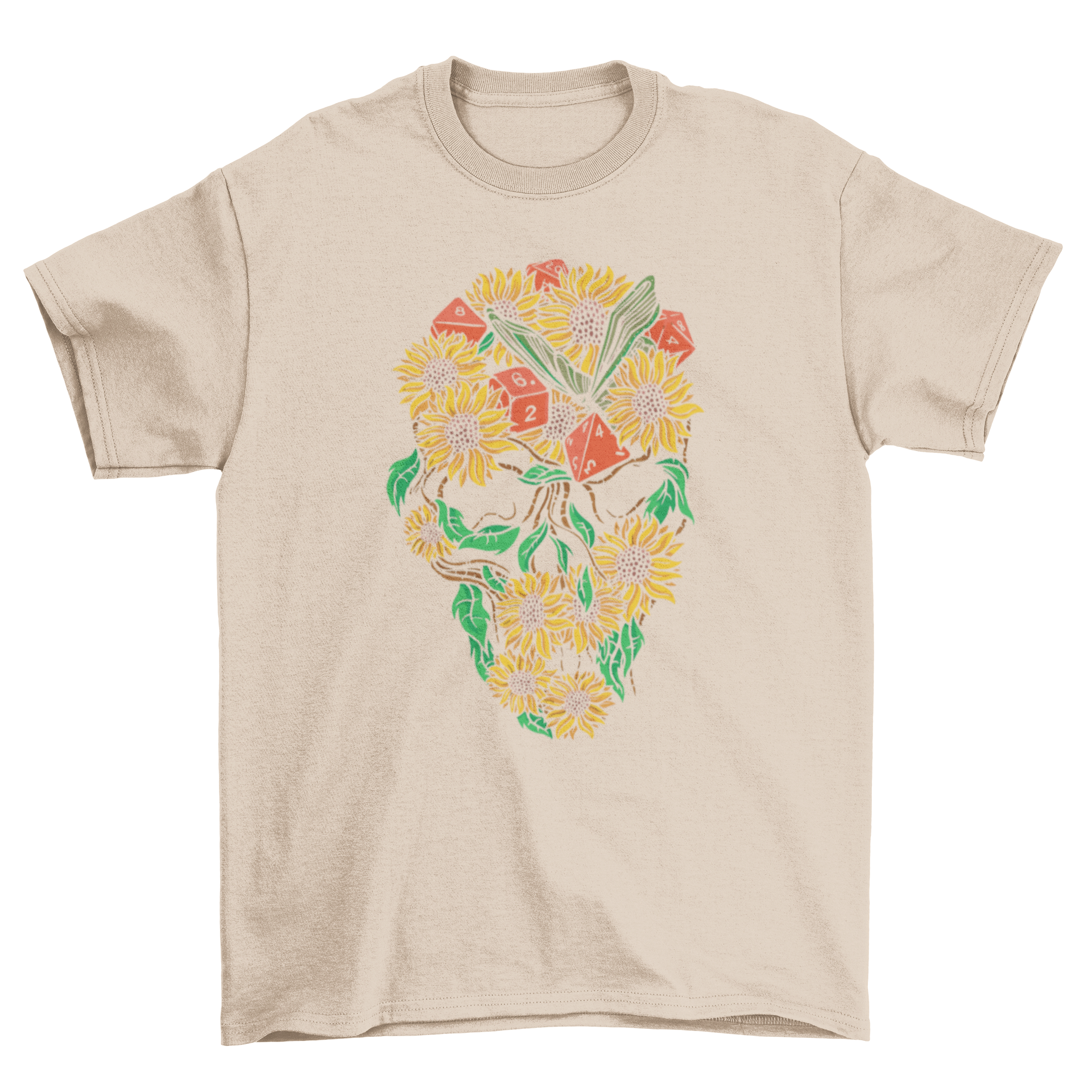 A stylish t-shirt featuring a skull made of sunflowers, butterflies, and RPG dice, perfect for gamers.