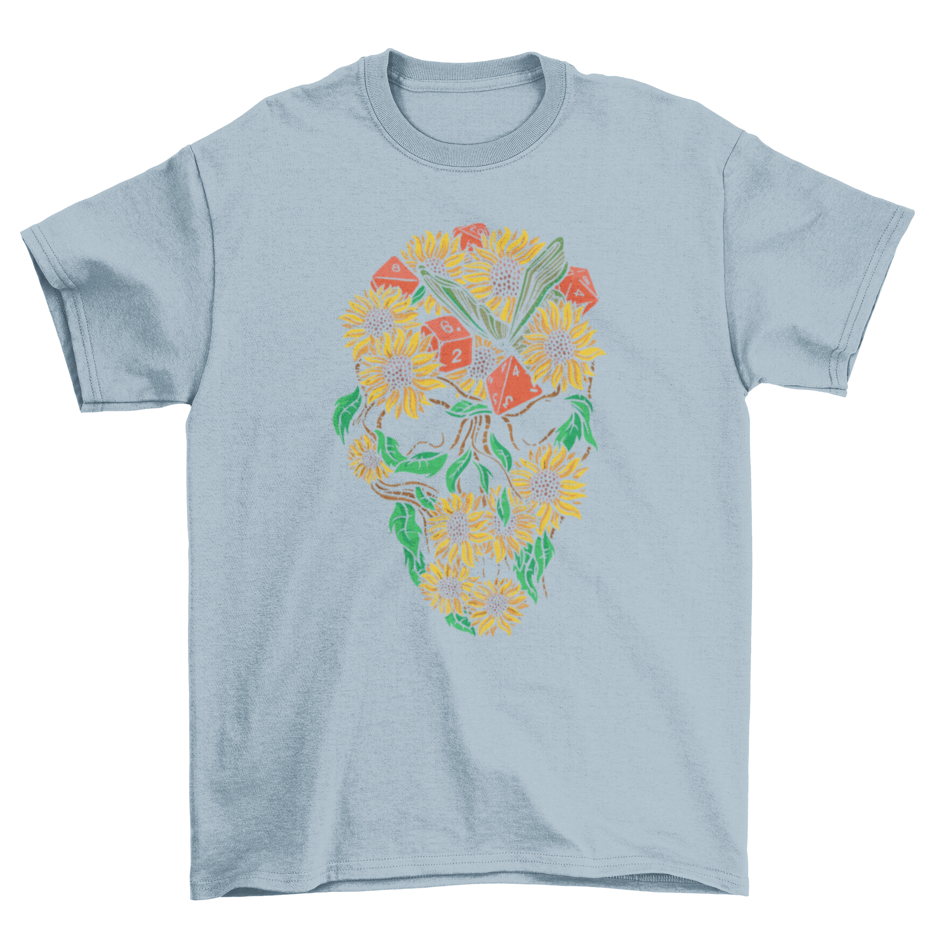 A stylish t-shirt featuring a skull made of sunflowers, butterflies, and RPG dice, perfect for gamers.