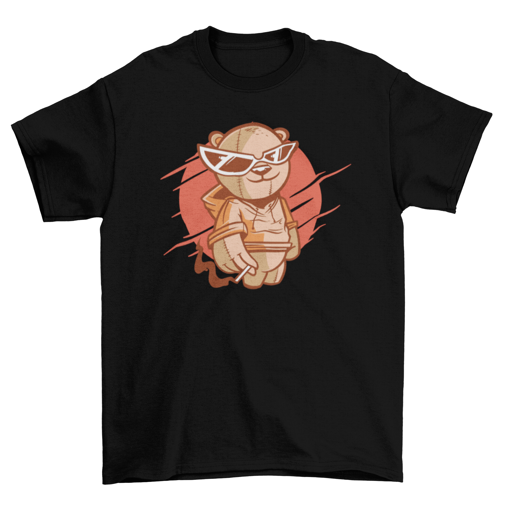 A trendy t-shirt featuring a teddy bear wearing sunglasses and smoking, showcasing a playful and stylish design.