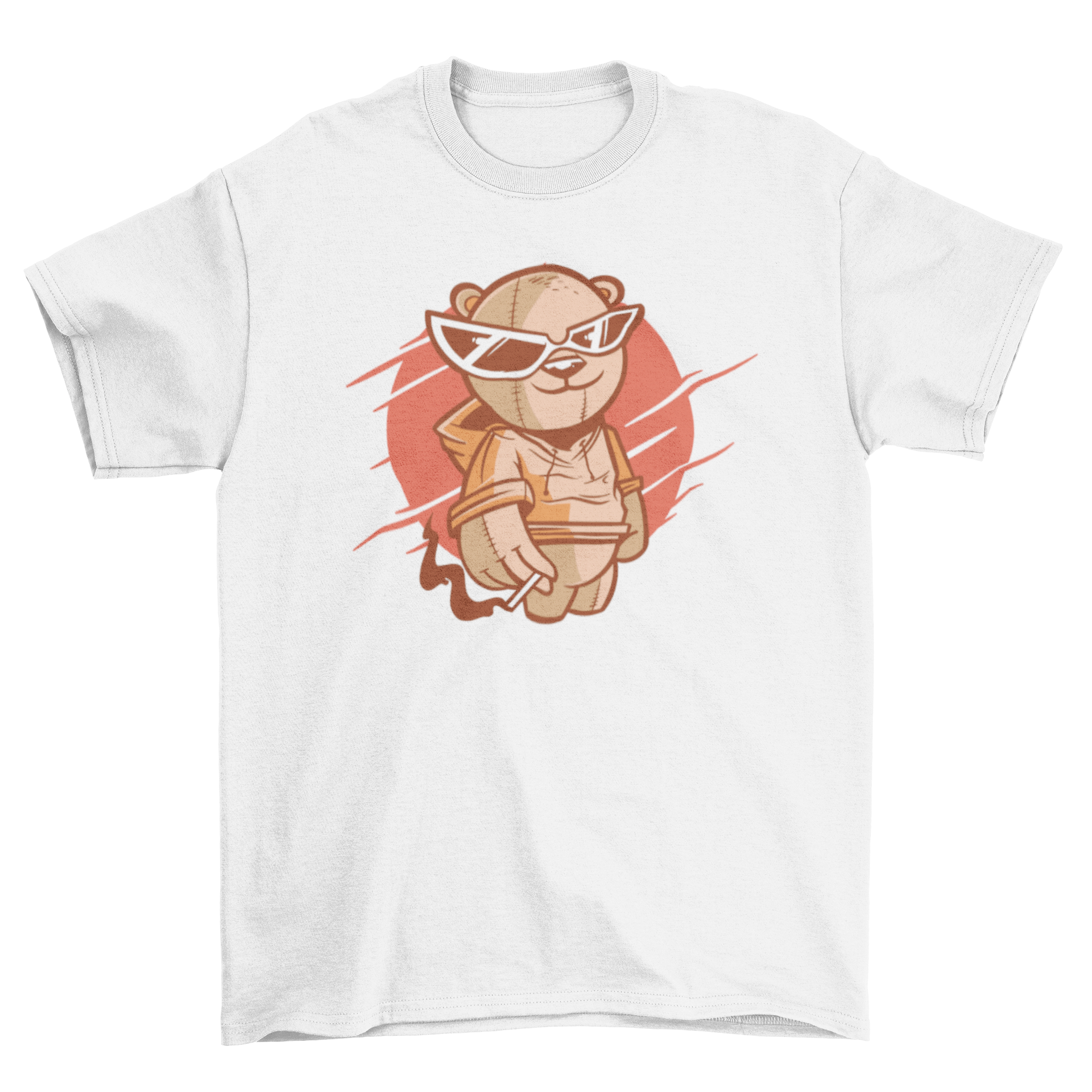 A trendy t-shirt featuring a teddy bear wearing sunglasses and smoking, showcasing a playful and stylish design.