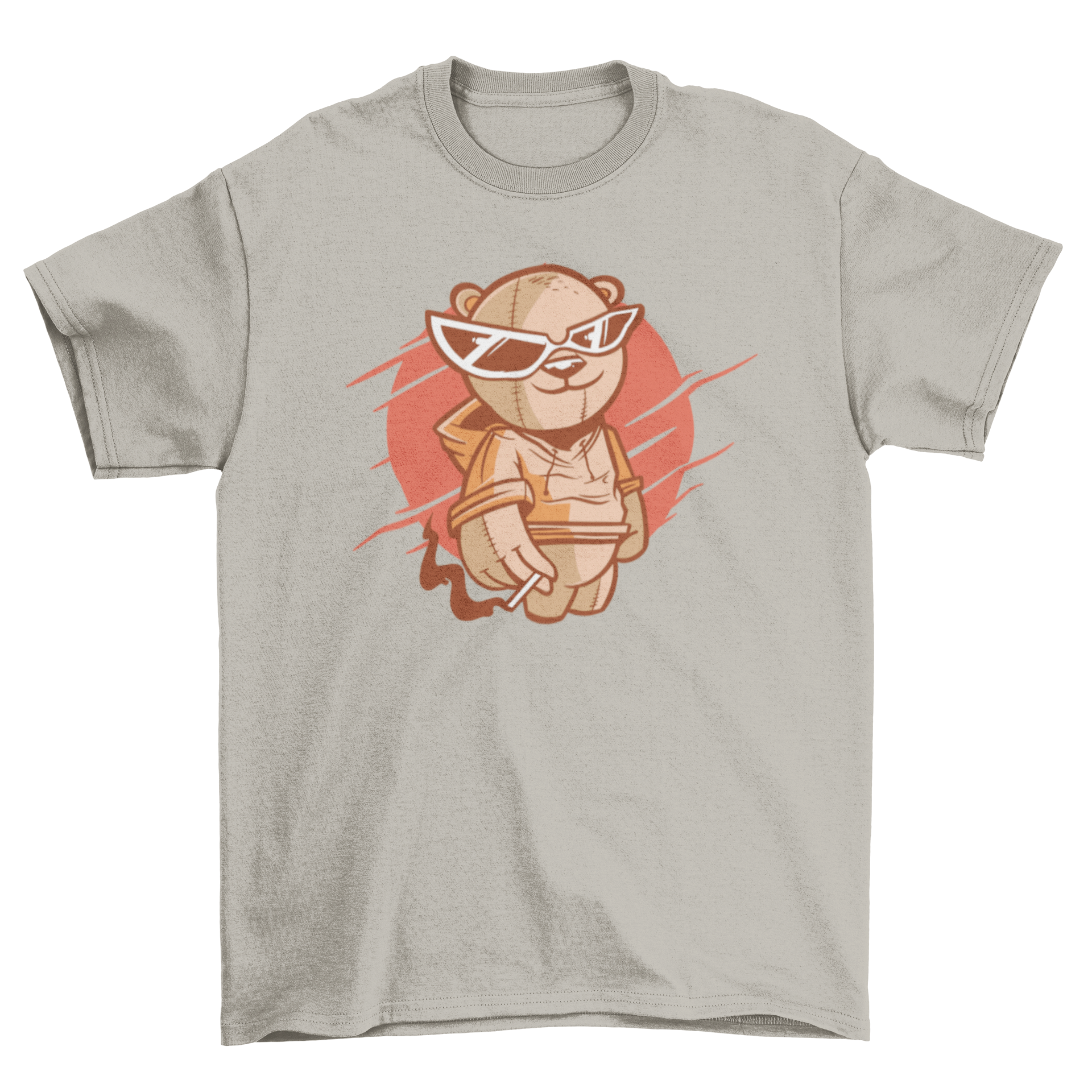 A trendy t-shirt featuring a teddy bear wearing sunglasses and smoking, showcasing a playful and stylish design.