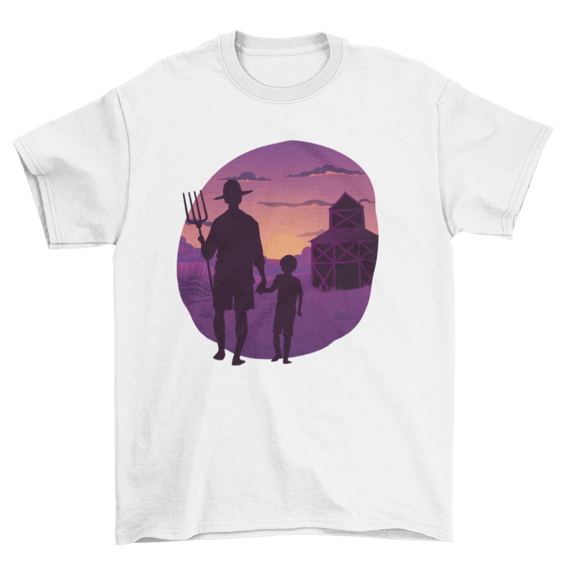 A sunset-themed t-shirt featuring a farmer walking with his son, symbolizing family bonding.