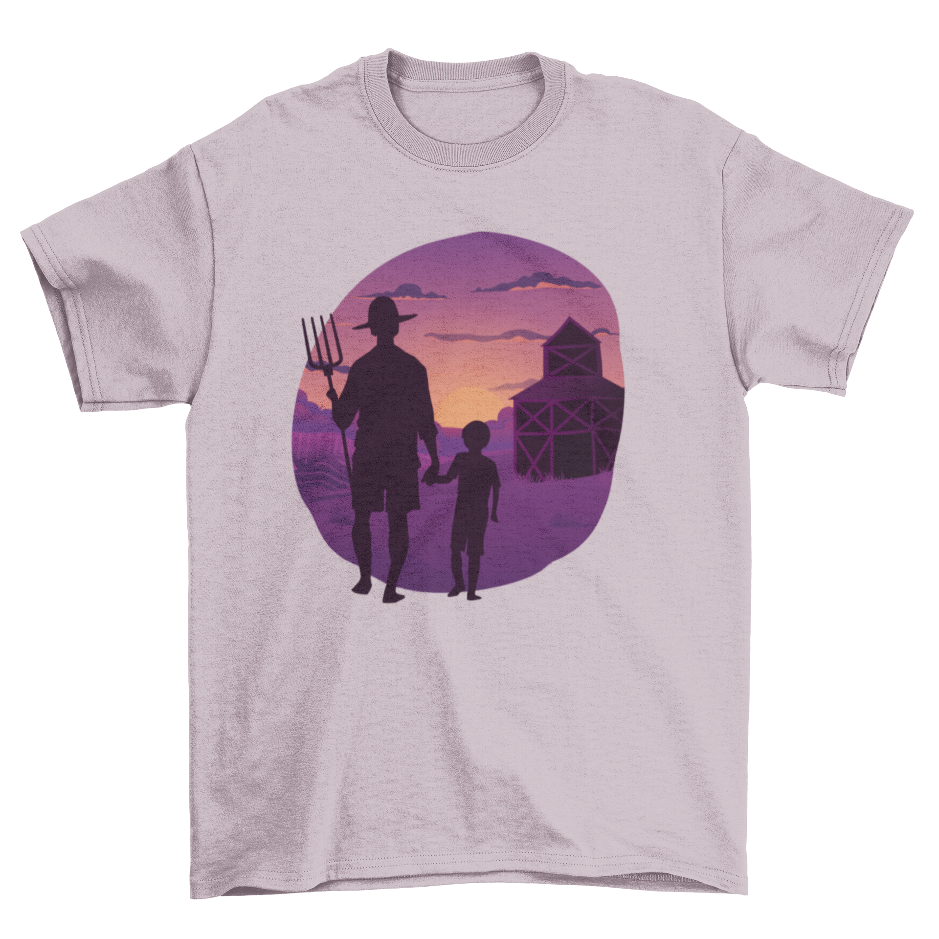 A sunset-themed t-shirt featuring a farmer walking with his son, symbolizing family bonding.