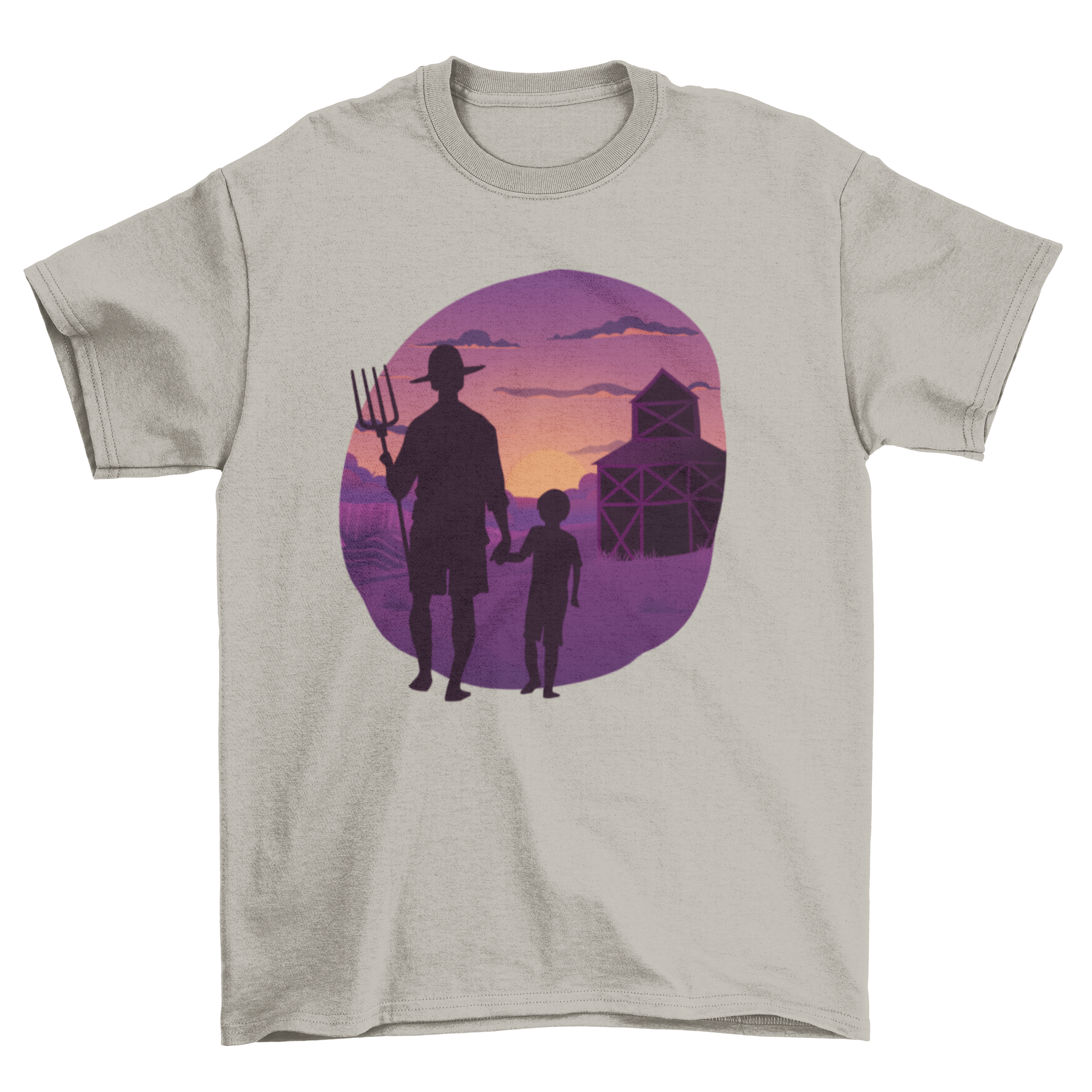 A sunset-themed t-shirt featuring a farmer walking with his son, symbolizing family bonding.