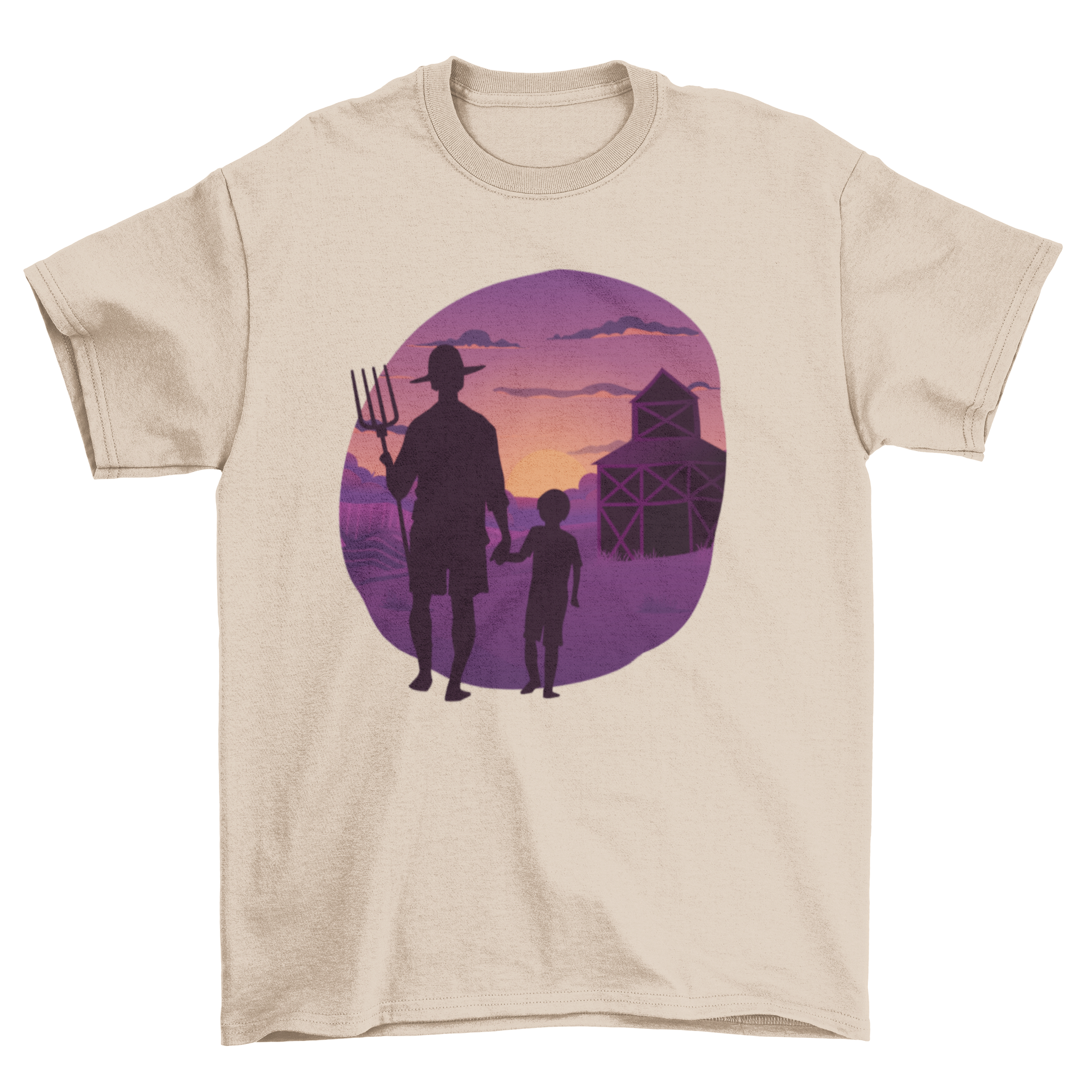 A sunset-themed t-shirt featuring a farmer walking with his son, symbolizing family bonding.