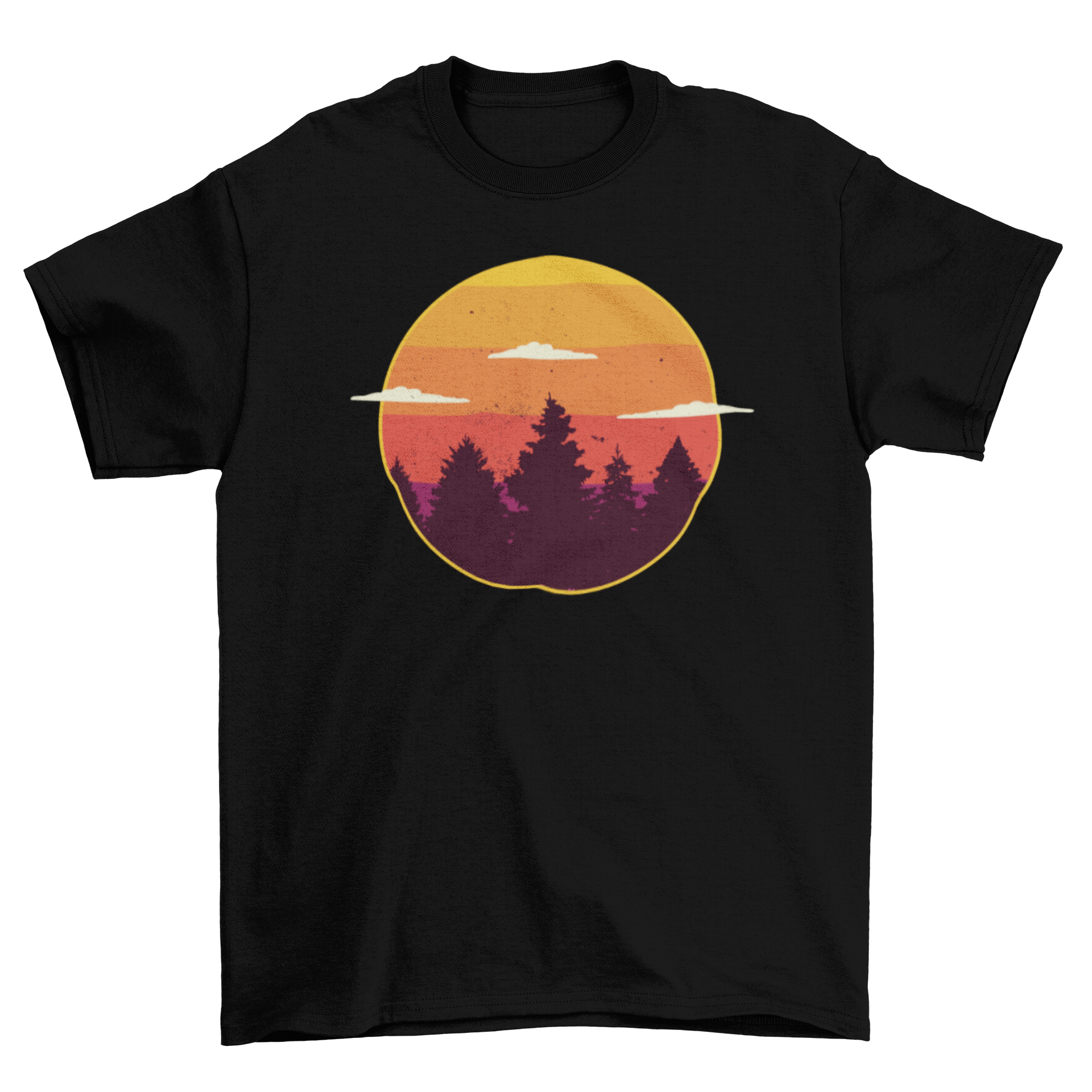 A stylish t-shirt featuring a vibrant sunset illustration over a lush forest, perfect for nature lovers.